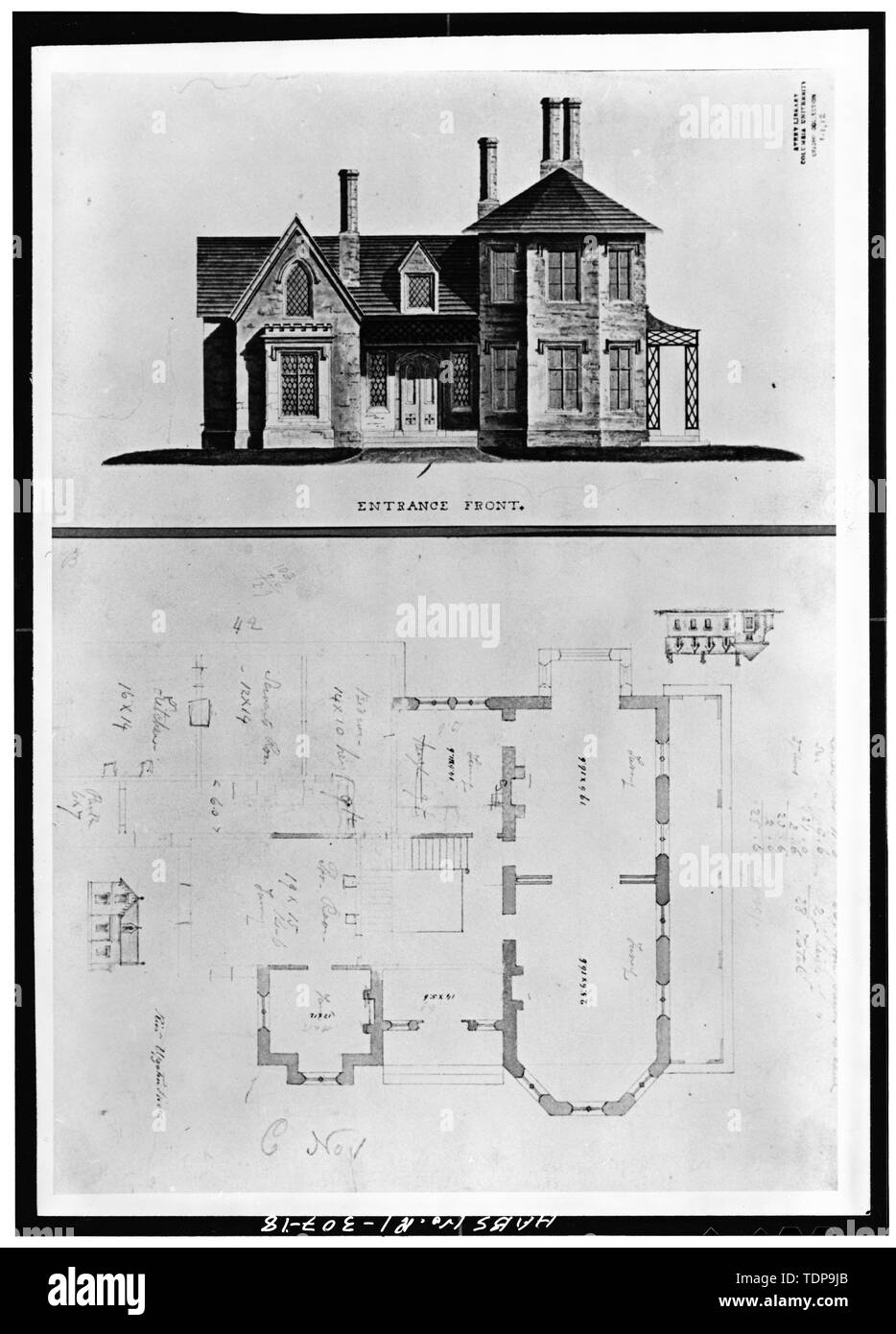 Photocopy of circa 1839 ink and wash drawing by Richard Upjohn in Avery Library, Columbia University ELEVATION OF ENTRANCE FRONT (above) AND PRELIMINARY OR PARTIAL FIRST FLOOR PLAN WITH TWO SMALL ELEVATION SKETCHES (below) - Kingscote, Bellevue Avenue and Bowery Street, Newport, Newport County, RI; Upjohn, Richard; Mason, George Champlin, Jr; White, Stanford; Newton, Dudley; Preservation Society of Newport County Stock Photo
