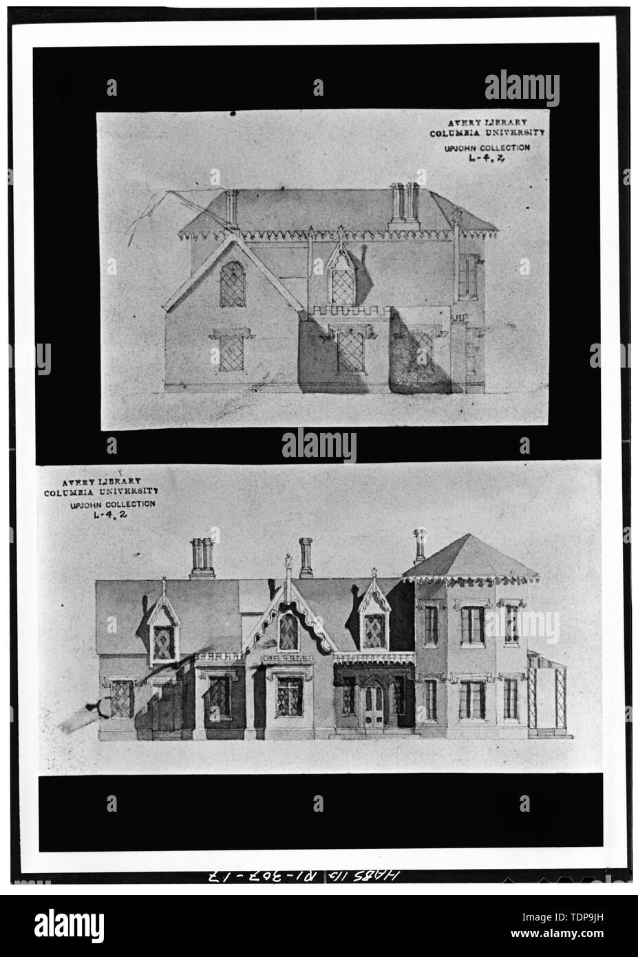 Photocopy of circa 1839 ink and wash drawing by Richard Upjohn in Avery Library, Columbia University, New York, New York FRONT ELEVATION (below) AND REAR ELEVATION (above) - Kingscote, Bellevue Avenue and Bowery Street, Newport, Newport County, RI; Upjohn, Richard; Mason, George Champlin, Jr; White, Stanford; Newton, Dudley; Preservation Society of Newport County Stock Photo