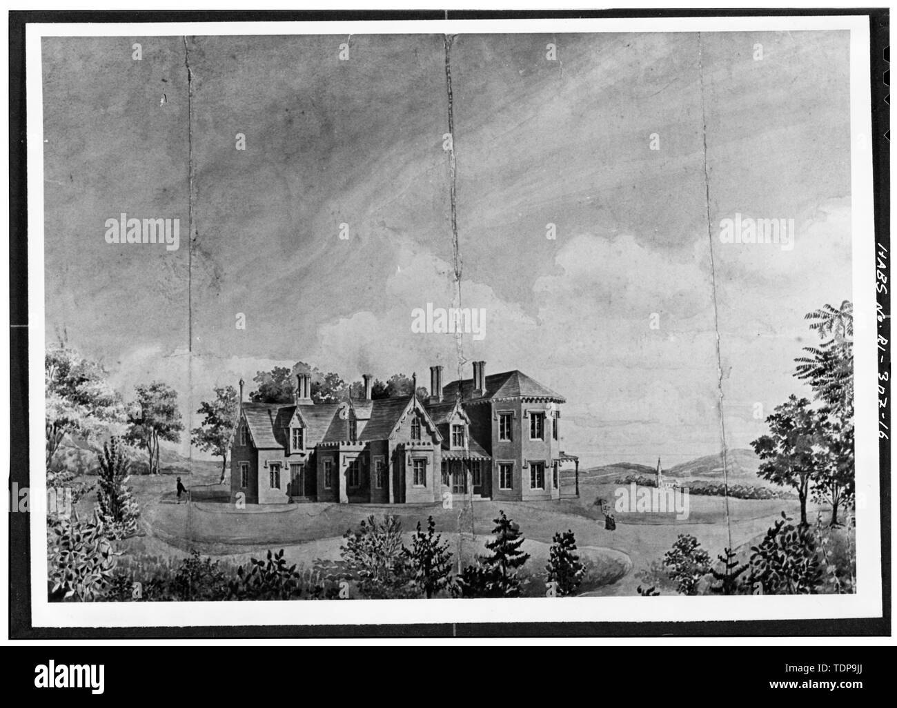 Photocopy of circa 1839 watercolor by Richard Upjohn, Architect, in Avery Library, Columbia University, New York, New York PERSPECTIVE RENDERING FROM THE SOUTHWEST - Kingscote, Bellevue Avenue and Bowery Street, Newport, Newport County, RI; Upjohn, Richard; Mason, George Champlin, Jr; White, Stanford; Newton, Dudley; Preservation Society of Newport County Stock Photo