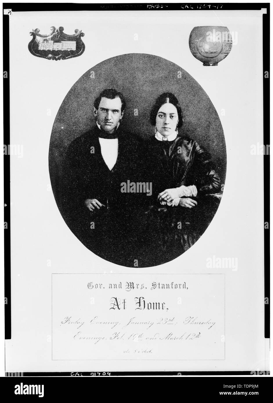 Photocopy of circa 1862 invitation illustrated in an unidentified Sacramento Guide Book. GOVERNOR AND MRS. STANFORD - Leland Stanford House, 800 N Street, Sacramento, Sacramento County, CA Stock Photo