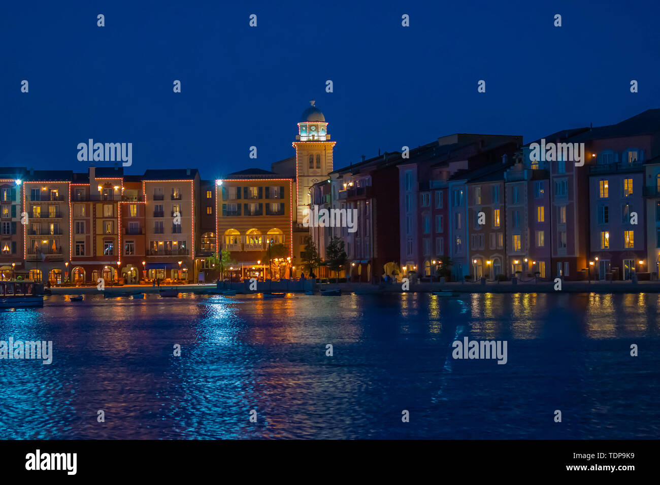 Orlando, Florida. May 21, 2019.Colorful dockside buildings on blue ...