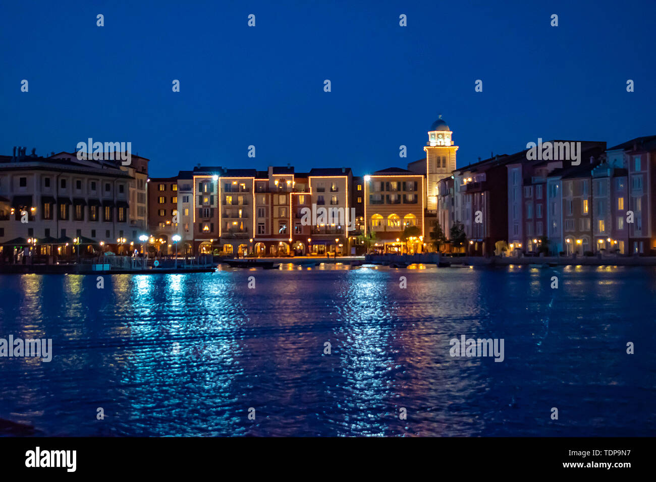 Orlando, Florida. May 21, 2019.Colorful dockside buildings on blue ...