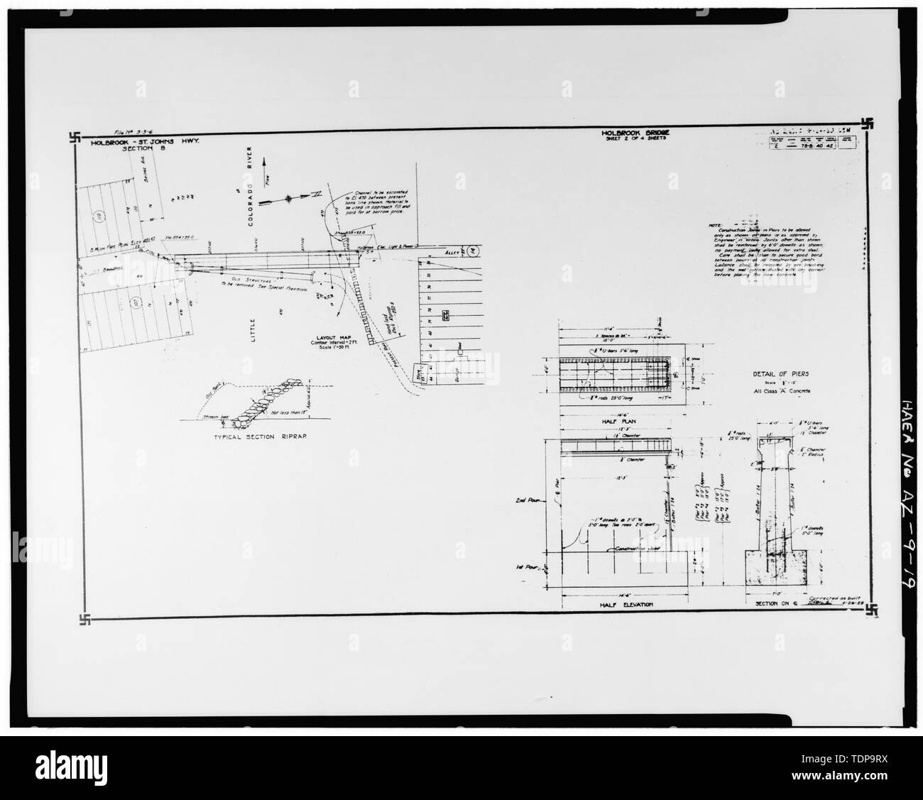 Photocopy of construction drawing dated 26 April 1929 (provided by Arizona Department of Transportation). SITE PLAN AND SUBSTRUCTURAL DETAILS. - Holbrook Bridge, Spanning Little Colorado River at AZ 77, Holbrook, Navajo County, AZ Stock Photo