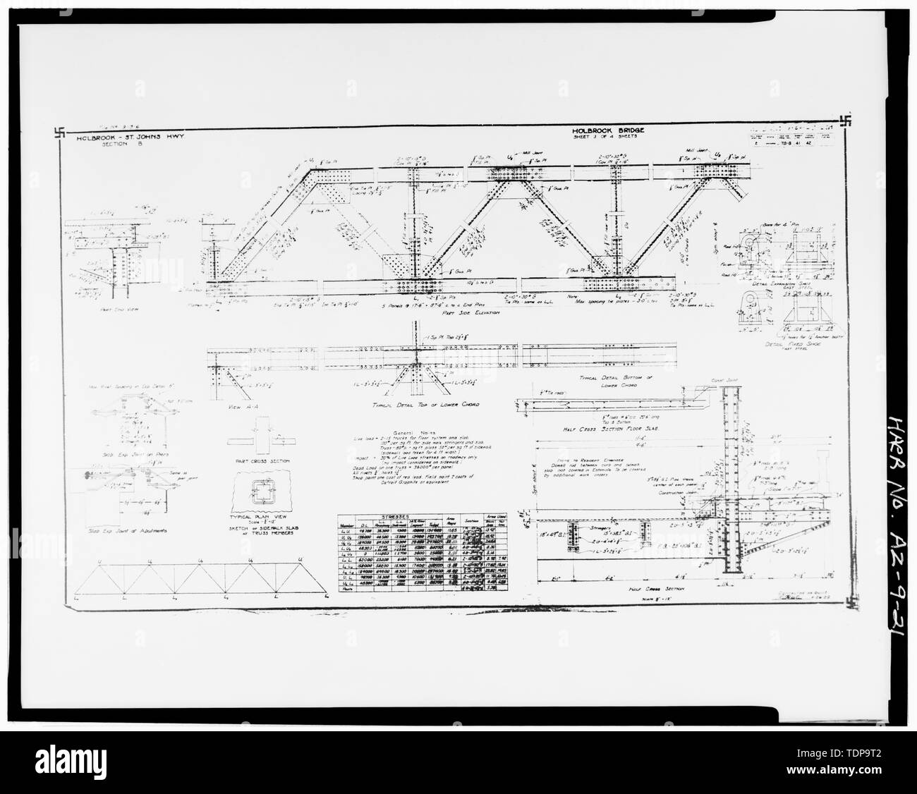 Photocopy of construction drawing dated 26 April 1929 (provided by Arizona Department of Transportation). STEEL SUPERSTRUCTURE DETAILS AND SCHEDULES. - Holbrook Bridge, Spanning Little Colorado River at AZ 77, Holbrook, Navajo County, AZ Stock Photo