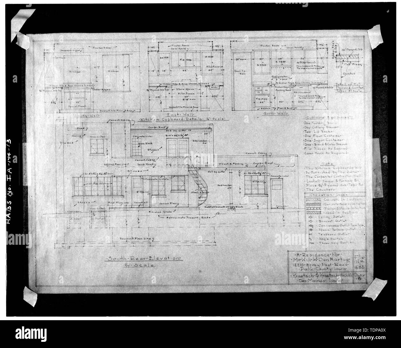 Photocopy of construction drawings, March 1940. VIEW OF SOUTH REAR