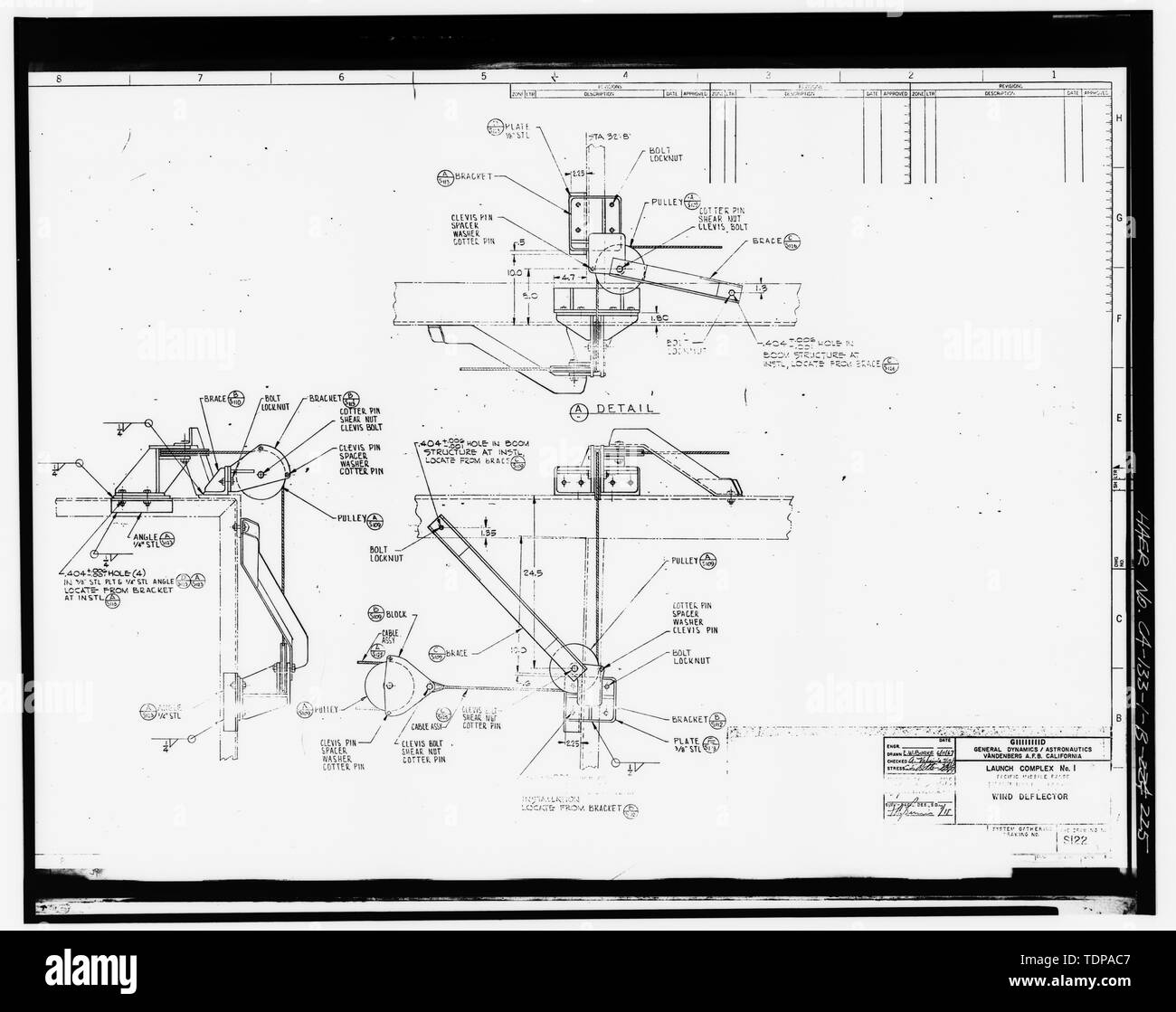 Photocopy of drawing (1967 structural drawing by General Dynamics-Astronautics) WIND DEFLECTOR FOR THE UMBILICAL MAST, SHEET S122 - Vandenberg Air Force Base, Space Launch Complex 3, Launch Pad 3 East, Napa and Alden Roads, Lompoc, Santa Barbara County, CA Stock Photo