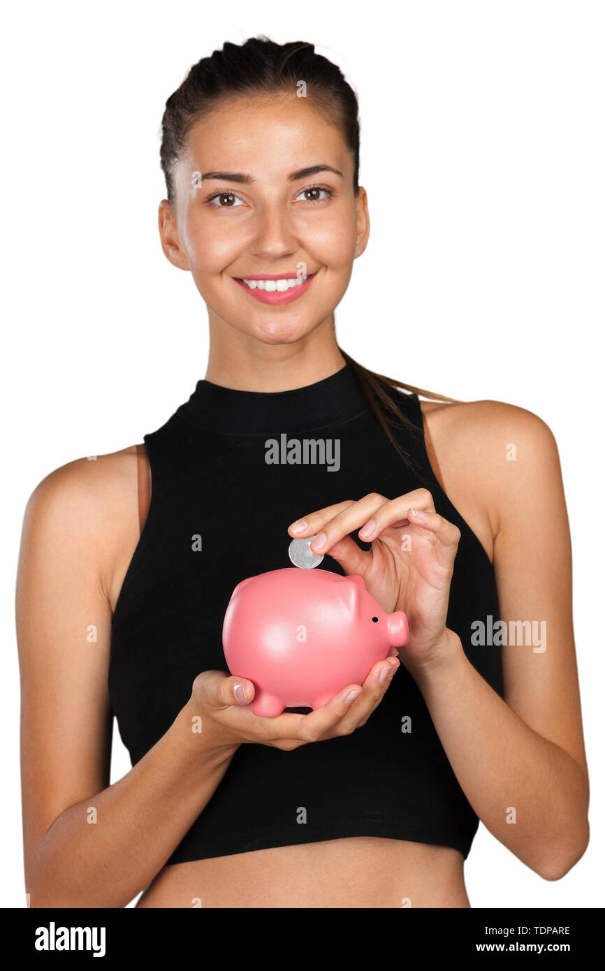 Young woman holds a piggy bank Stock Photo - Alamy