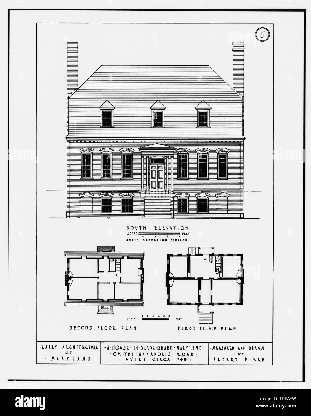 Photocopy of drawing (Original by Albert P.Erb) SOUTH ELEVATION,FIRST FLOOR  PLAN AND SECOND FLOOR PLAN - Dr. David Ross House, Annapolis Road (moved to  Preservation Hill, Western Run Road, Cockeysville), Bladensburg, Prince, image size:1042x1390
