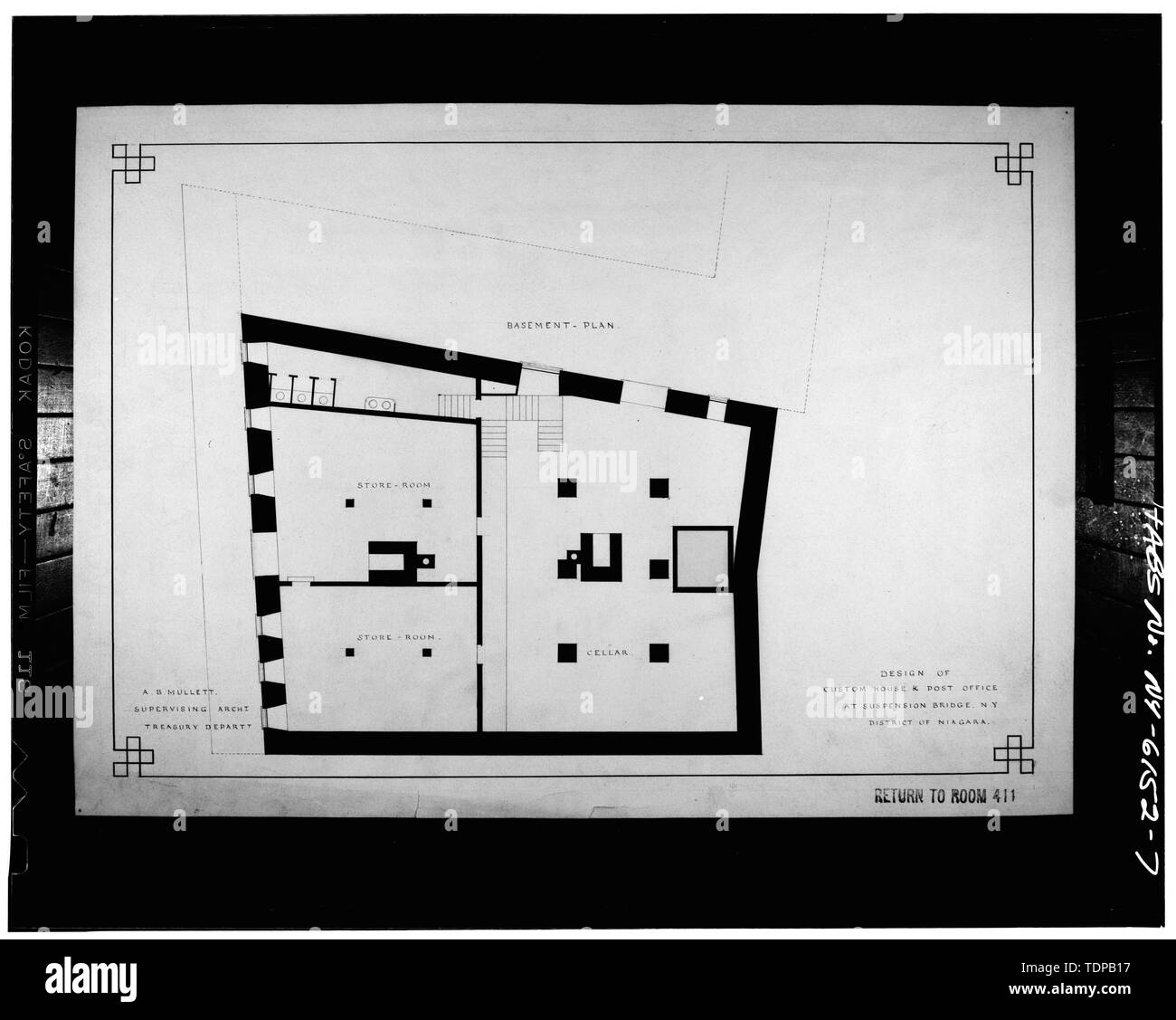 Photocopy of drawing (Original in collection of the National Archives) A. B. Mullett, c1867-69 BASEMENT PLAN - U. S. Custom House, Whirlpool Street at Lower Arch Bridge, Niagara Falls, Niagara County, NY Stock Photo