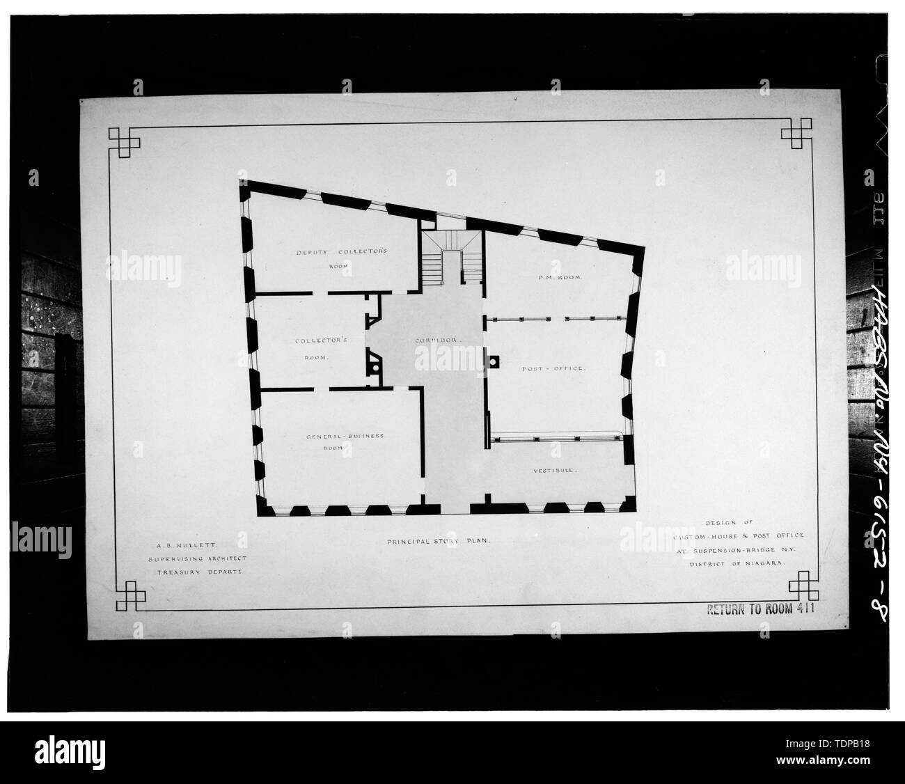 Photocopy of drawing (Original in collection of the National Archives) A. B. Mullett, c1867-69 PRINCIPAL FLOOR PLAN - U. S. Custom House, Whirlpool Street at Lower Arch Bridge, Niagara Falls, Niagara County, NY Stock Photo