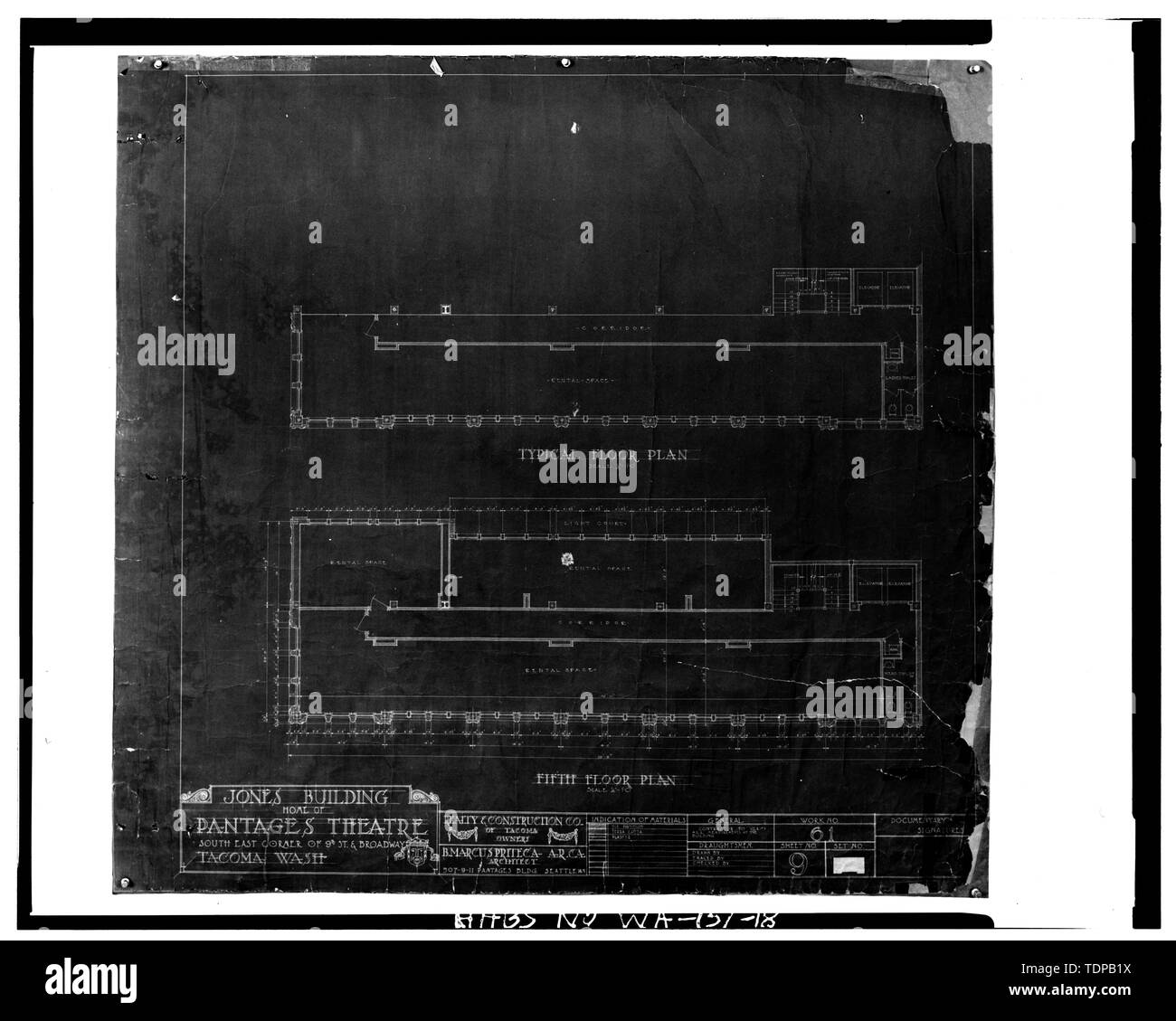 Photocopy of drawing (Original in the possession of Richard F. McCann, F.A.I.A., Seattle, WA) B. Marcus Priteca, Architect, Date unknown JONES BUILDING, FLOOR PLAN OF FIFTH FLOOR (TYPICAL FLOOR) (4' x 5' neg.) - Pantages Theatre and Jones Building, 901-909 Broadway, Tacoma, Pierce County, WA; Priteca, Mareus B Stock Photo