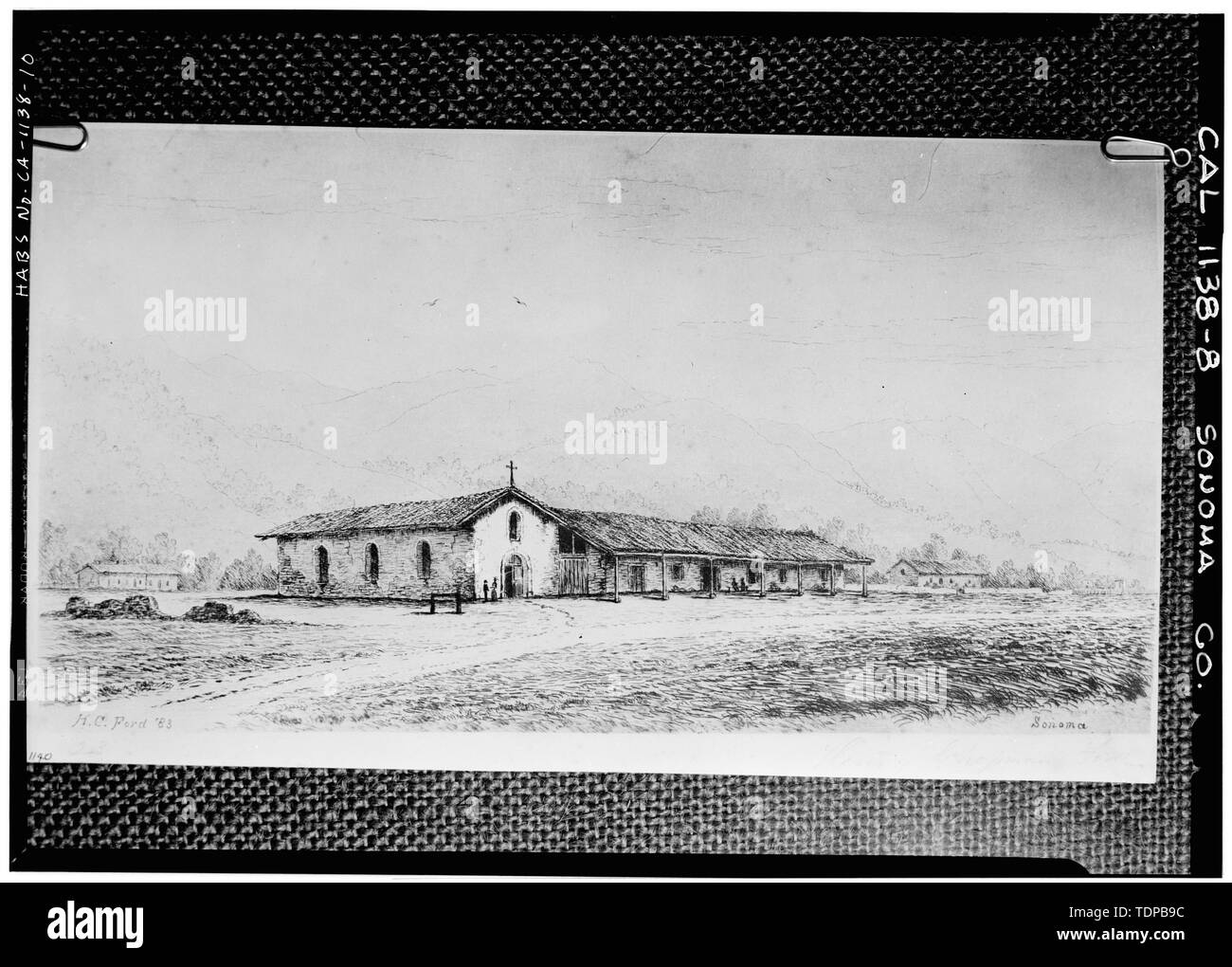 Photocopy of drawing (from Society of California Pioneers, H.C. Ford,  artist, 1883) EXTERIOR, GENERAL VIEW OF MISSION FROM A DISTANCE, 1883 - Mission  San Francisco Solano de Sonoma, First and Spain Streets,
