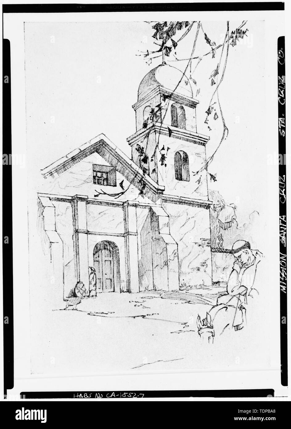 Photocopy of drawing (from The Old Mission Churches and Historic Houses of California by Rexford Newcomb) W.J. Hamby, illustrator ca. 1925 FRONT OF CHURCH BEFORE 1857 - Mission Santa Cruz, Emmet and School Streets, Santa Cruz, Santa Cruz County, CA Stock Photo