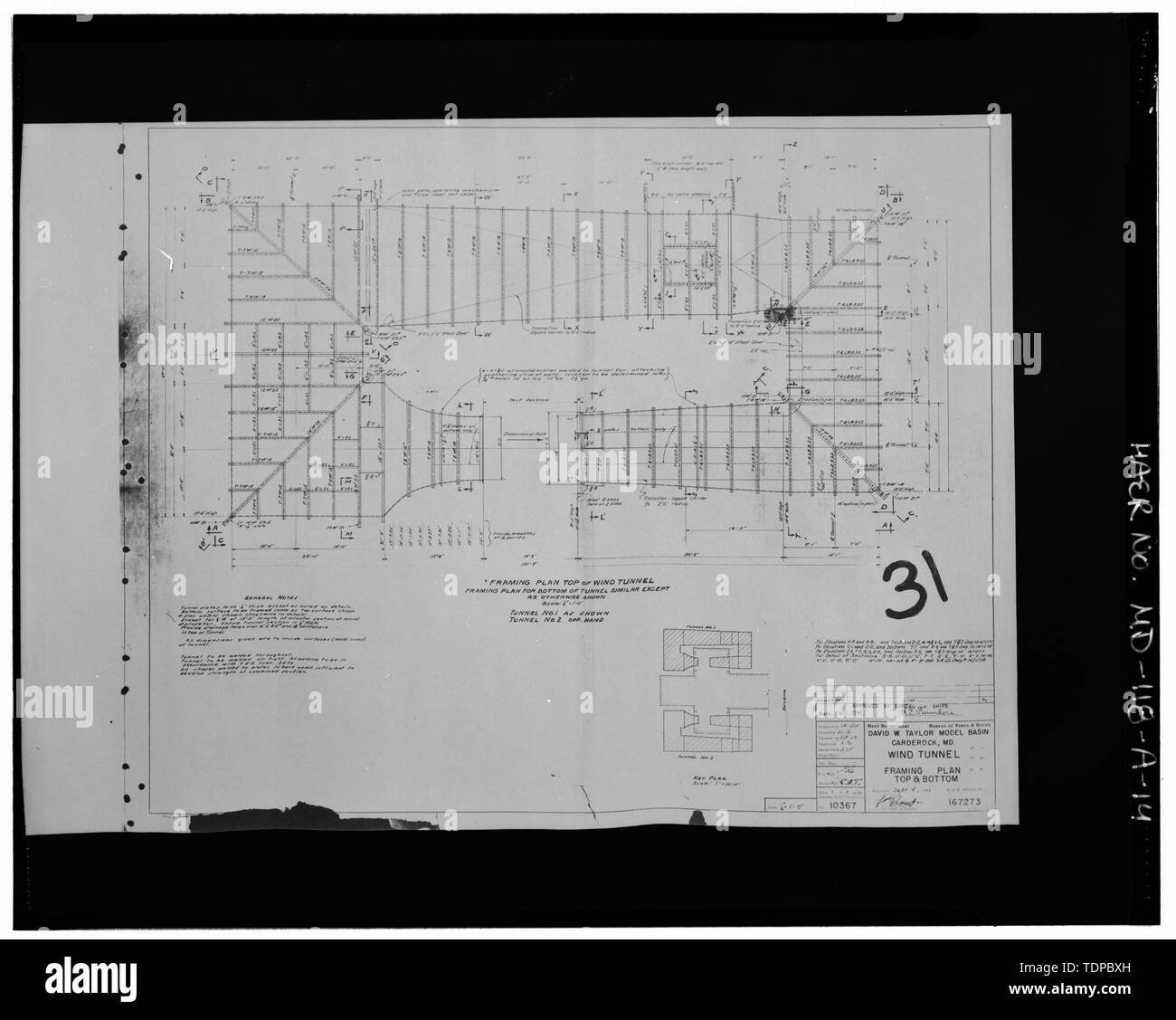 Photocopy of drawing (original in possession of Naval Surface Warfare Center Carderock Division, Bethesda, MD) WIND TUNNEL, FRAMING PLAN, TOP AND BOTTOM, 1941 - Naval Surface Warfare Center, Subsonic Wind Tunnel Building, Bounded by Clara Barton Parkway and McArthur Boulevard, Silver Spring, Montgomery County, MD; U.S. Department of the Navy; R. Christopher Goodwin and Associates, Incorporated, contractor; Melhuish, Geoffrey Eden, project manager; Wise, Harriet, photographer Stock Photo