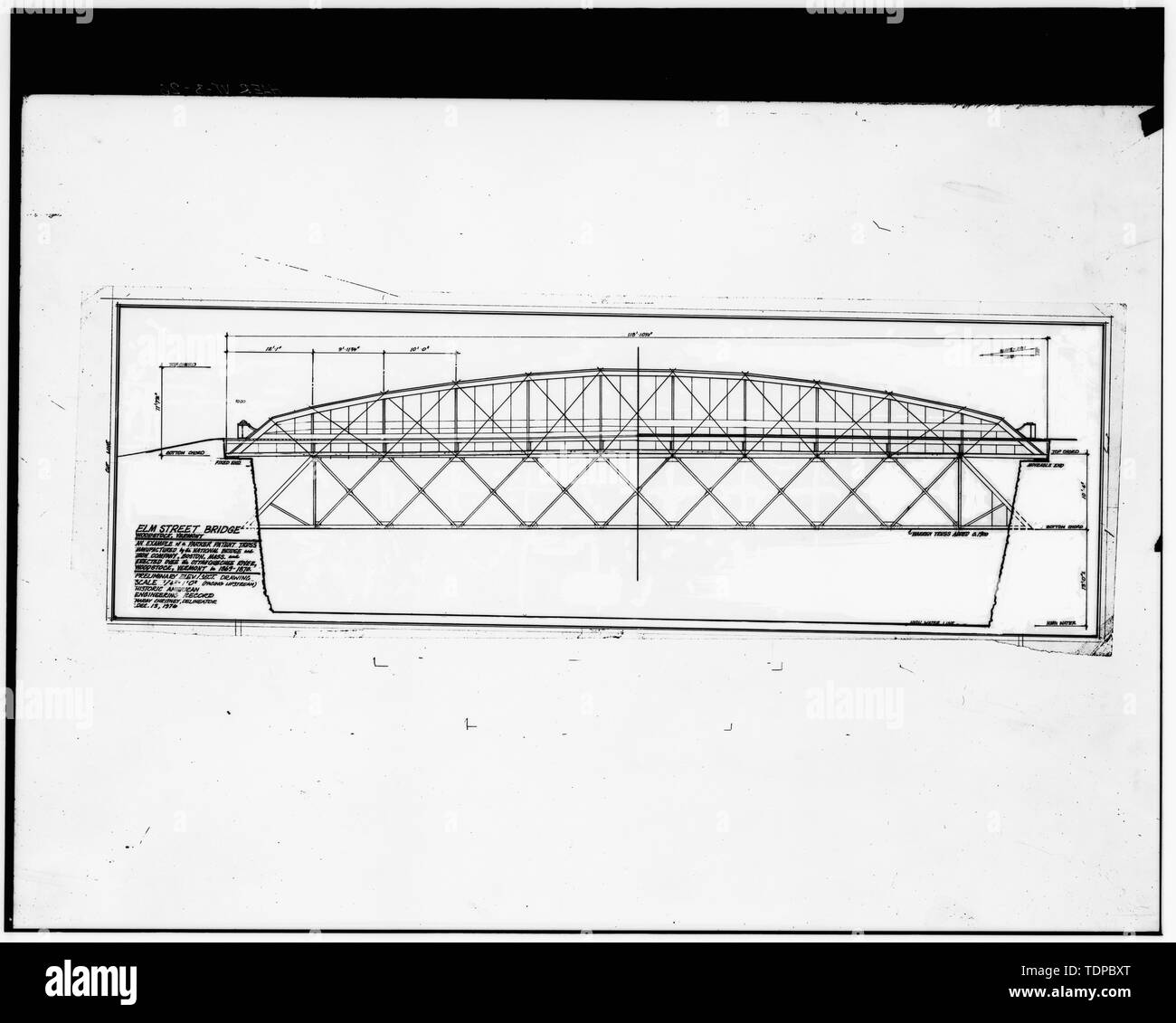 Photocopy of drawing (original prepared by Margy Chrisney, December 1976) PRELIMINARY ELVATION-SECTION DRAWING - Elm Street Bridge, Spanning Ottauquechee River, Woodstock, Windsor County, VT; National Bridge and Iron Company; Royalton and Woodstock Turnpike Company; Raymond, William; Raymond, Barna; Marsh, Charles P; Parker, Charles H; Parker, A W; Blodgett, William A; Curry, Cadwallader; Clement, Dan, transmitter; Christianson, Justine, transmitter Stock Photo