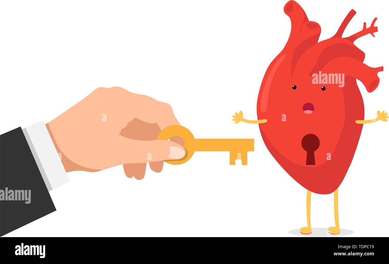 Cartoon heart character with keyhole and hand holding key. Vector circulatory organ broken or closed. Funny eps illustration Stock Vector