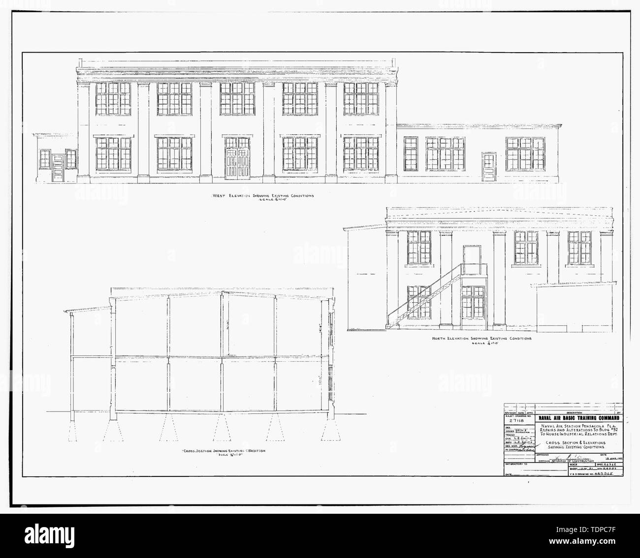 Photocopy of drawing (this photograph is an 8 x 10 copy of an 8 x 10 negative; 1951 architectural drawing located at NAS Pensacola, Florida, Building No. 458) EXISTING CROSS SECTION AND ELEVATIONS, REPAIRS AND ALTERATIONS TO BUILDING NO. 52 TO HOUSE INDUSTRAIL RELATIONS DEPARTMENT, SHEET 15 OF 21. - U.S. Naval Air Station, Paint Shop, 222 East Avenue, Pensacola, Escambia County, FL Stock Photo