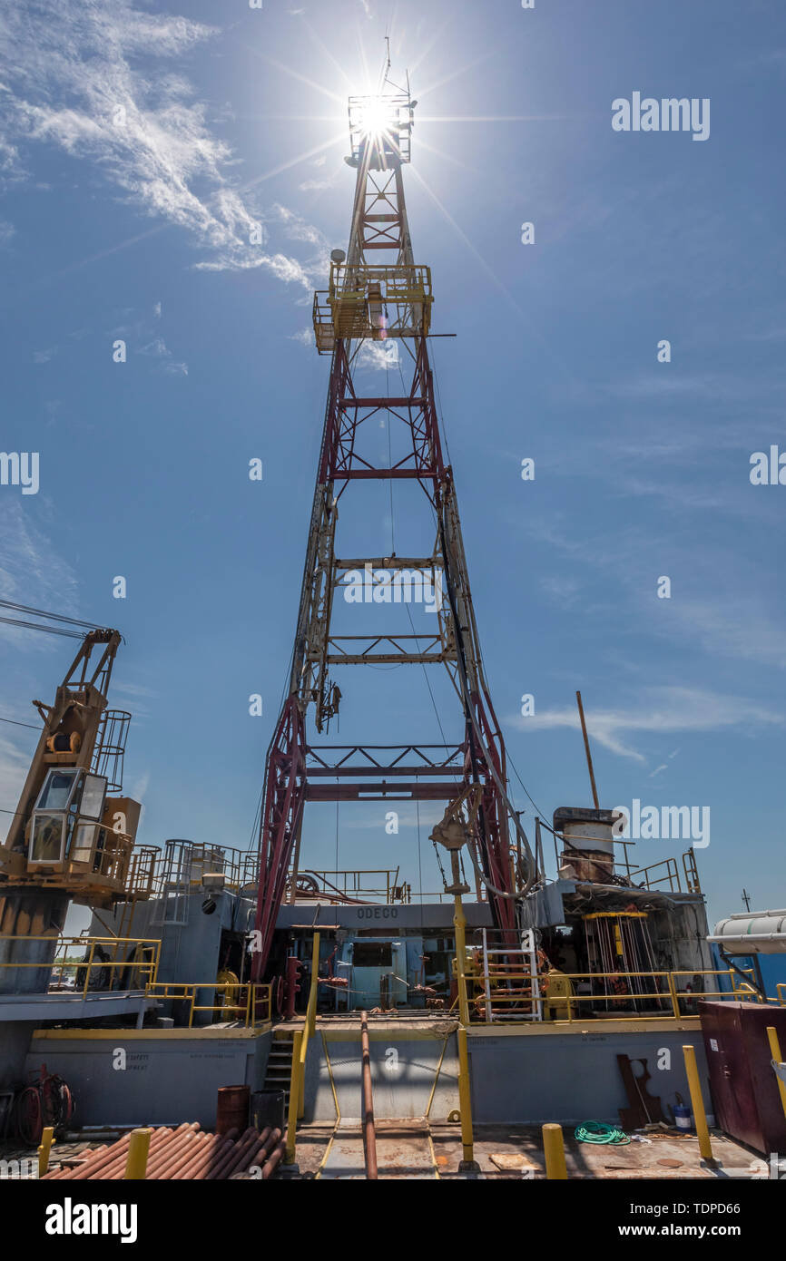 Morgan City, Louisiana - The derrick of 'Mr. Charlie,' an offshore oil drilling rig which is now a tourist attraction and training facility. 'Mr. Char Stock Photo