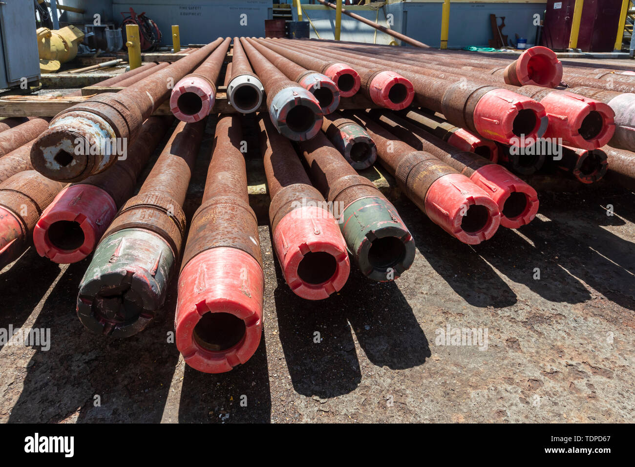 Morgan City, Louisiana - Drill pipe on the 'Mr. Charlie' offshore oil drilling rig, which is now a tourist attraction and training facility. 'Mr. Char Stock Photo