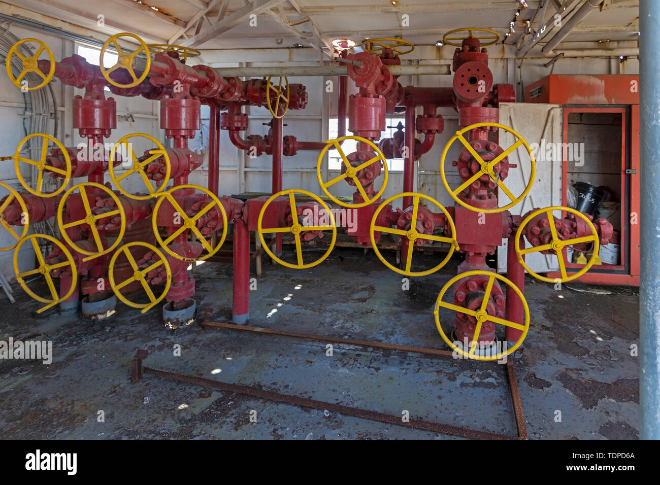 Morgan City, Louisiana - Valves on the 'Mr. Charlie' offshore oil drilling rig, which is now a tourist attraction and training facility. 'Mr. Charlie' Stock Photo