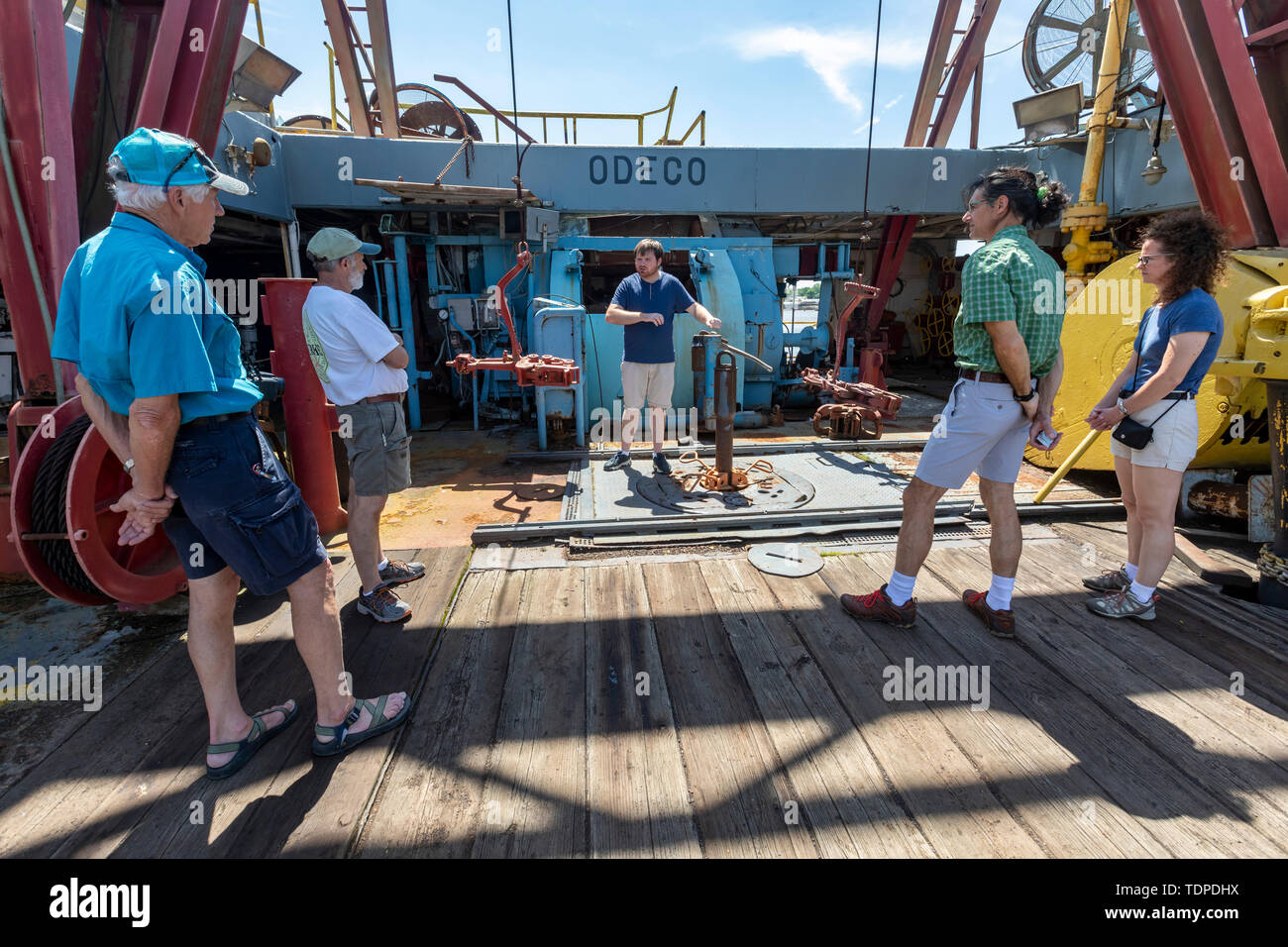 Morgan City, Louisiana - Visitors tour the 'Mr. Charlie' offshore oil drilling rig, now a tourist attraction and training facility. 'Mr. Charlie' was  Stock Photo