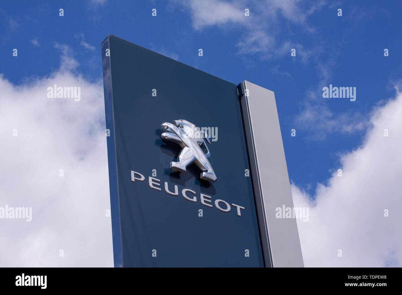 Sign with the logo of Peugeot. French automobile brand, part of Groupe PSA. Copenhagen, Denmark - June 17, 2019 Stock Photo