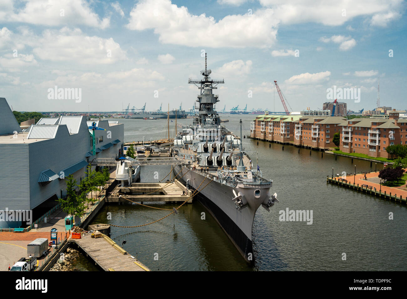 Norfolk, VA, USA -- June 6, 2019. The battleship USS Wisconsin is berthed in Norfolk, VA next to Nauticus. Stock Photo