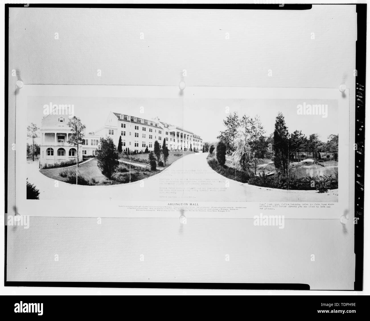 1932 (original print on file at U.S. Army Intelligence Security Command, Fort Belvoir, Virginia). WIDE ANGLE OVERALL VIEW TO SOUTHWEST OF ARLINGTON HALL JUNIOR COLLEGE SHOWING MAIN BUILDING (BUILDING 1) AND POND. - Arlington Hall Station, 4000 Arlington Boulevard, Arlington, Arlington County, VA; VanDyke, Tina, transmitter Stock Photo