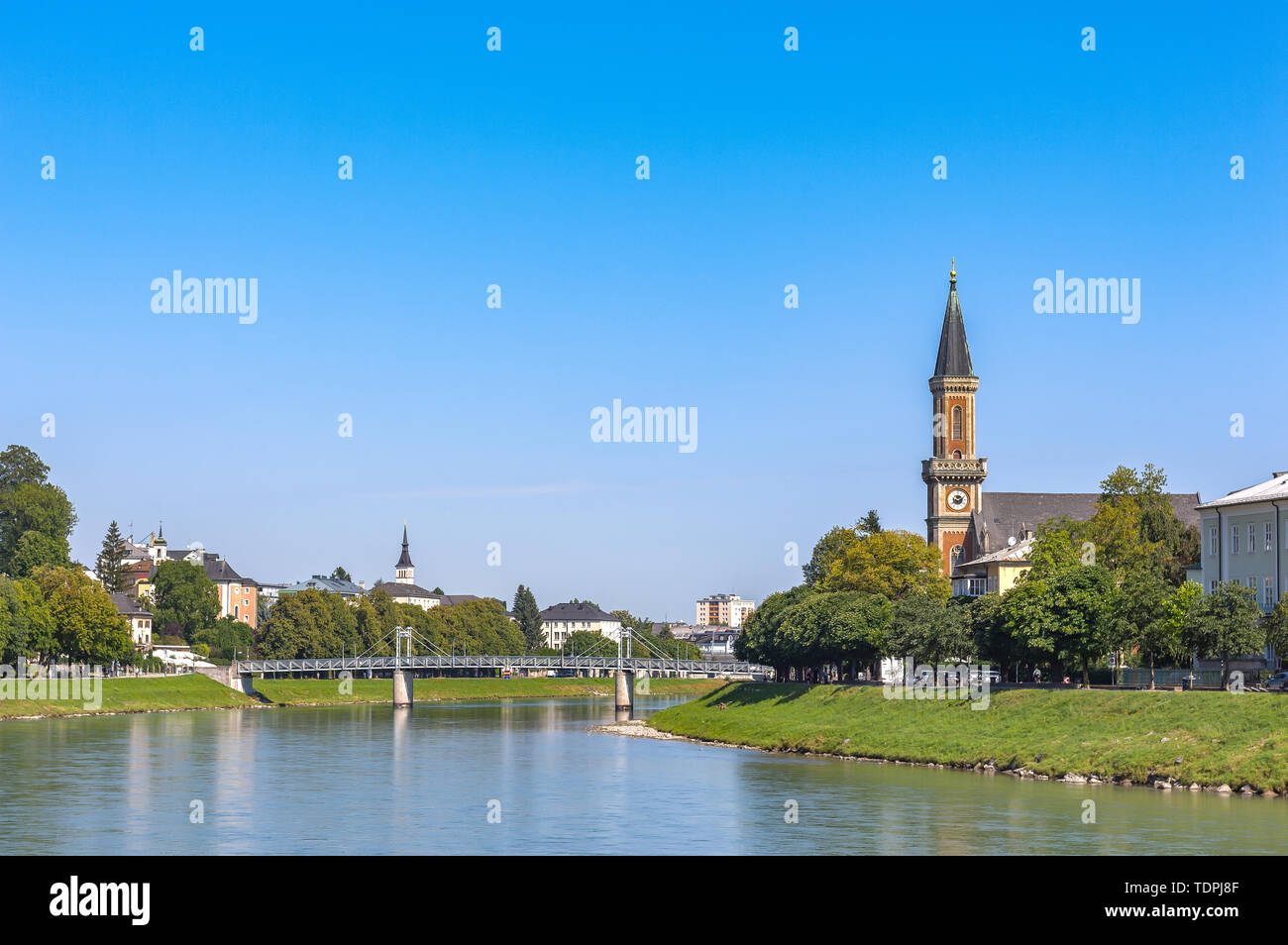 Picture of the Salzach River in Salzburg, the Centre of Salzburg is a UNESCO World Heritage Site and one of the most preserver historical city centers Stock Photo
