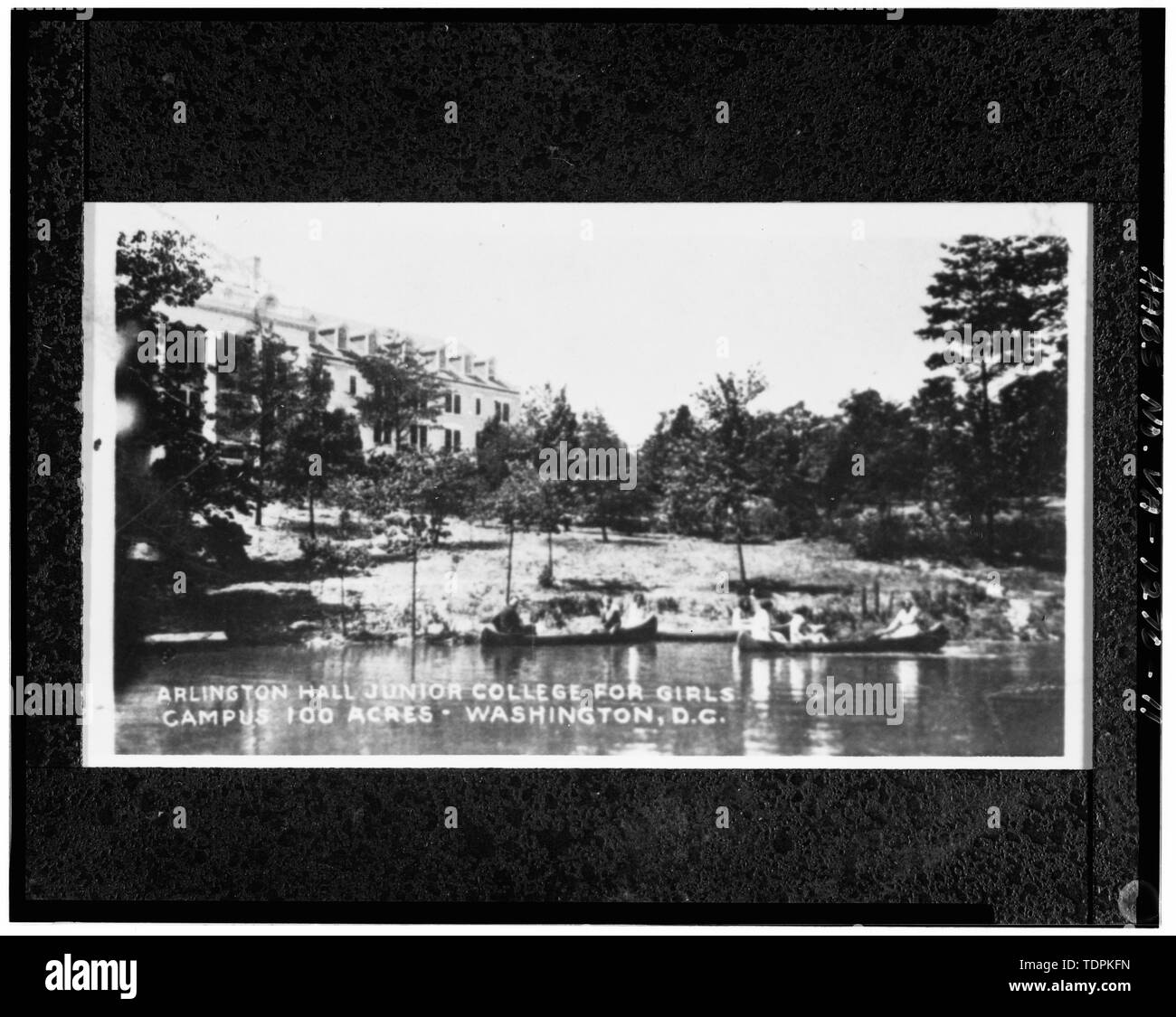 ca. 1928 (original print on file at U.S. Army Intelligence Security Command, Fort Belvoir, Virginia). OVERALL VIEW TO SOUTHWEST OF ARLINGTON HALL JUNIOR COLLEGE SHOWING POND AND MAIN BUILDING (BUILDING 1). - Arlington Hall Station, 4000 Arlington Boulevard, Arlington, Arlington County, VA; VanDyke, Tina, transmitter Stock Photo