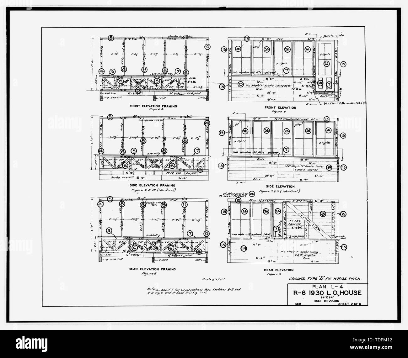 Photocopy of sheet 2 of 8 showing front, side and rear elevations and