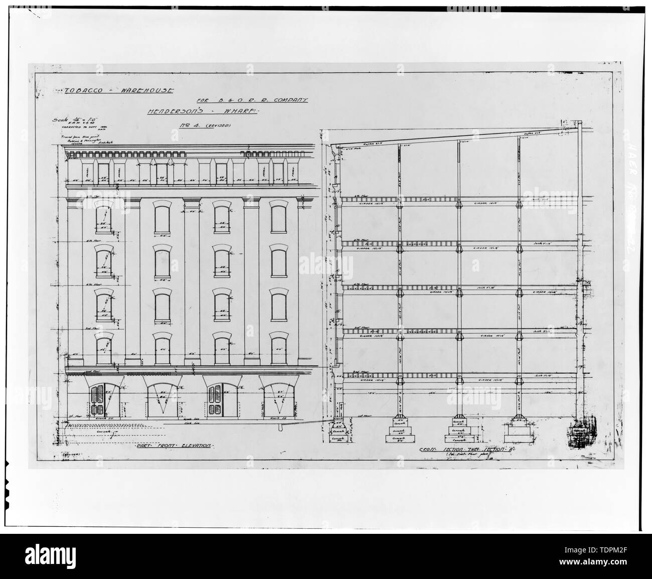 Photocopy of tracing from blueprint, Baldwin and Pennington, Architects  Drawing No. 4, TOBACCO WAREHOUSE, PART FRONT ELEVATION AND CROSS SECTION