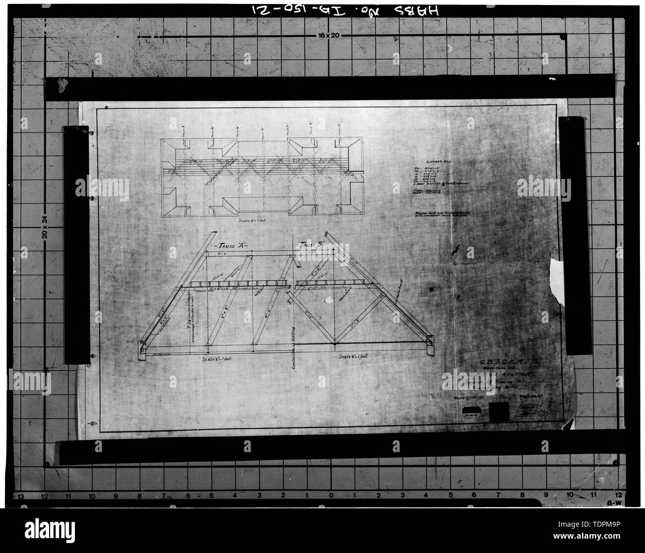 Photocopy,diagram of framing for fireproofing attic - Chicago, Burlington and Quincy Railroad, West Iowa Division, Creston Station, 116 West Adams, Creston, Union County, IA Stock Photo
