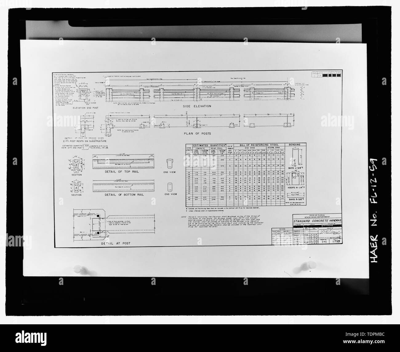 Photograph No. FL-12-59 is an 8' x 10 enlargement from a 4 x 5 negative.; Photocopy of drawing (1937 construction drawing by State of Florida State Road Department in possession of Florida Department of Transportation District 3 Office, Chipley, Florida); STANDARD CONCRETE HANDRAIL, SHOWING PLAN, ELEVATION, AND DETAILS - Apalachicola River Bridge, State Route 20 spanning the Apalachicola River, Blountstown, Calhoun County, FL Stock Photo