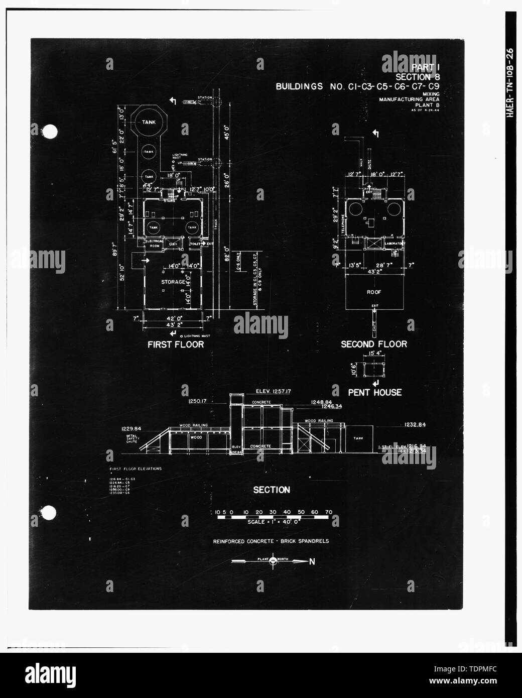 Photograph of a line drawing. '(PLAN LAYOUT AND CROSS SECTION OF) PART I, SECTION 8, BUILDINGS NO. C-1, C-3, C-5, C-6, C-7, C-9, MIXING, MANUFACTURING AREA, PLANT B AS OF 4-24-44.' From the U.S. Army Corps of Engineers. Industrial Facilities Inventory, Holston Ordnance Works, Kingsport, Tennessee. Plant B, Parts II, III. (Nashville, TN- Office of the District Engineer, 1944). - Holston Army Ammunition Plant, RDX-and-Composition-B Manufacturing Line 9, Kingsport, Sullivan County, TN; Bachmann                              , Werner E; Tennessee Eastman Corporation; U.S. Department of the Army; Na Stock Photo