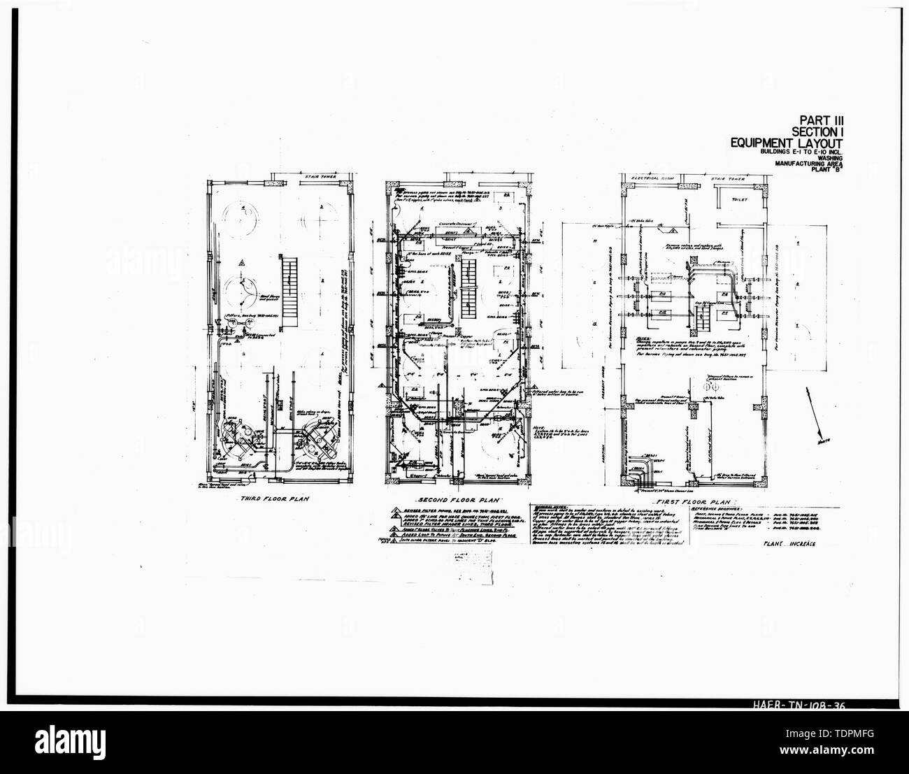 Photograph of a line drawing. '(PLAN LAYOUT OF) PART III, SECTION 1, EQUIPMENT LAYOUT, BUILDINGS E-1 TO E-10 INCL., WASHING, MANUFACTURING AREA PLANT 'B'.' From the U.S. Army Corps of Engineers. Industrial Facilities Inventory, Holston Ordnance Works, Kingsport, Tennessee. Plant B, Parts II, III. (Nashville, TN- Office of the District Engineer, 1944). - Holston Army Ammunition Plant, RDX-and-Composition-B Manufacturing Line 9, Kingsport, Sullivan County, TN; Bachmann                              , Werner E; Tennessee Eastman Corporation; U.S. Department of the Army; National Defense Research C Stock Photo