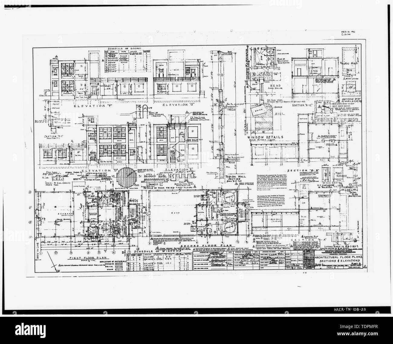 Photograph of a line drawing. 'ARCHITECTURAL FLOOR PLANS, SECTIONS and ELEVATIONS, BUILDING C, PLANT B.' Holston Ordnance Works, Tennessee Eastman Corporation. July 7, 1942. Delineator- F. F. Stone. Drawing - 7651-1003.001. - Holston Army Ammunition Plant, RDX-and-Composition-B Manufacturing Line 9, Kingsport, Sullivan County, TN; Bachmann                              , Werner E; Tennessee Eastman Corporation; U.S. Department of the Army; National Defense Research Committee; Fraser-Brace Company; Charles T. Main Incorporated; U.S. Army Corps of Engineers; Holston Defense Corporation; Tompkins, Stock Photo