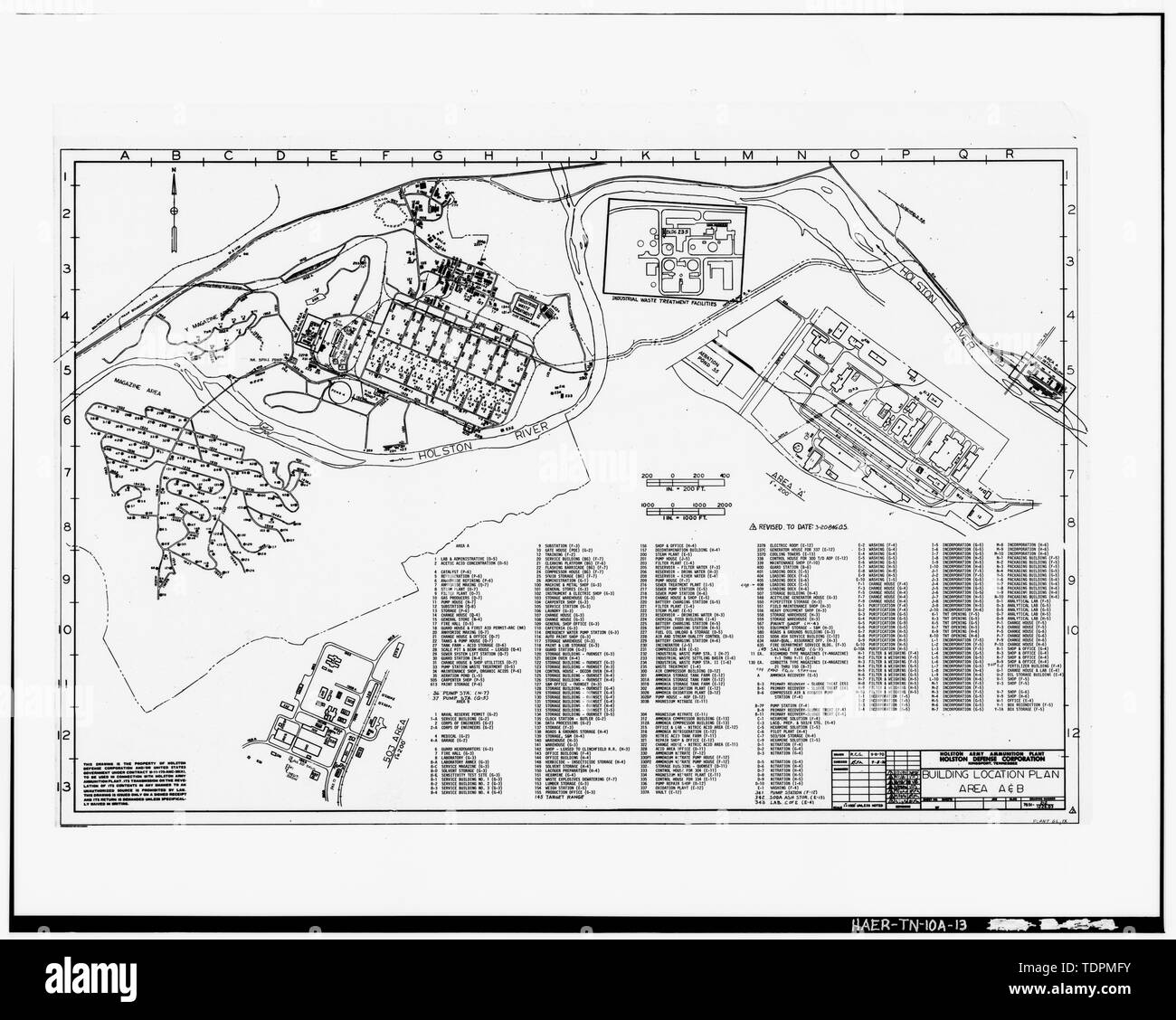 Photograph of a line drawing. 'BUILDING LOCATION PLAN, AREAS A and B.' Holston Army Ammunition Plant, Holston Defense Corporation. September 8, 1970. Delineator- R. C. G. Drawing - 7651-212-1226.03. - Holston Army Ammunition Plant, Producer Gas Plant, Kingsport, Sullivan County, TN; U.S. Army; Tennessee Eastman Corporation; U.S. Army Corps of Engineers; Fraser-Brace Co., Inc.; Charles T. Main, Inc.; Semet Solvay Engineering Corporation; Mack, Robert C, historian; Dennett Muessig, Ryan and Associates, Ltd., photographer; Tompkins, Sally Kress, program manager; Lange, Robie S, project manager; B Stock Photo