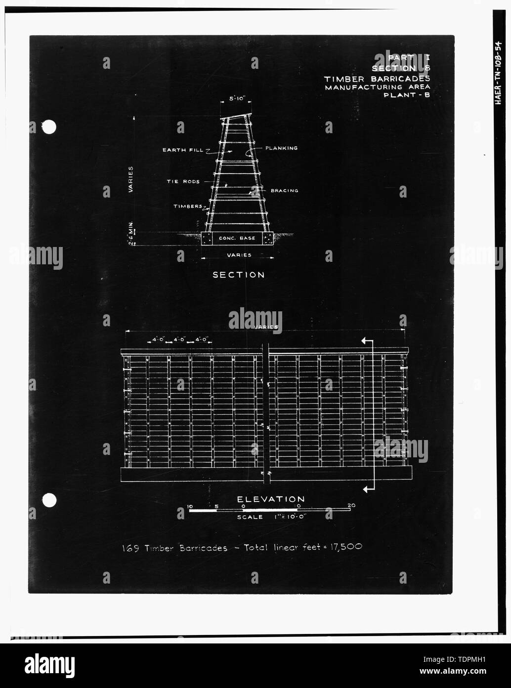 Photograph of a line drawing. 'PART I, SECTION 8, TIMBER BARRICADES, MANUFACTURING AREA, PLANT B.' From the U.S. Army Corps of Engineers. Industrial Facilities Inventory, Holston Ordnance Works, Kingsport, Tennessee. Plant B, Parts II, III. (Nashville, TN- Office of the District Engineer, 1944). - Holston Army Ammunition Plant, RDX-and-Composition-B Manufacturing Line 9, Kingsport, Sullivan County, TN; Bachmann                              , Werner E; Tennessee Eastman Corporation; U.S. Department of the Army; National Defense Research Committee; Fraser-Brace Company; Charles T. Main Incorpora Stock Photo