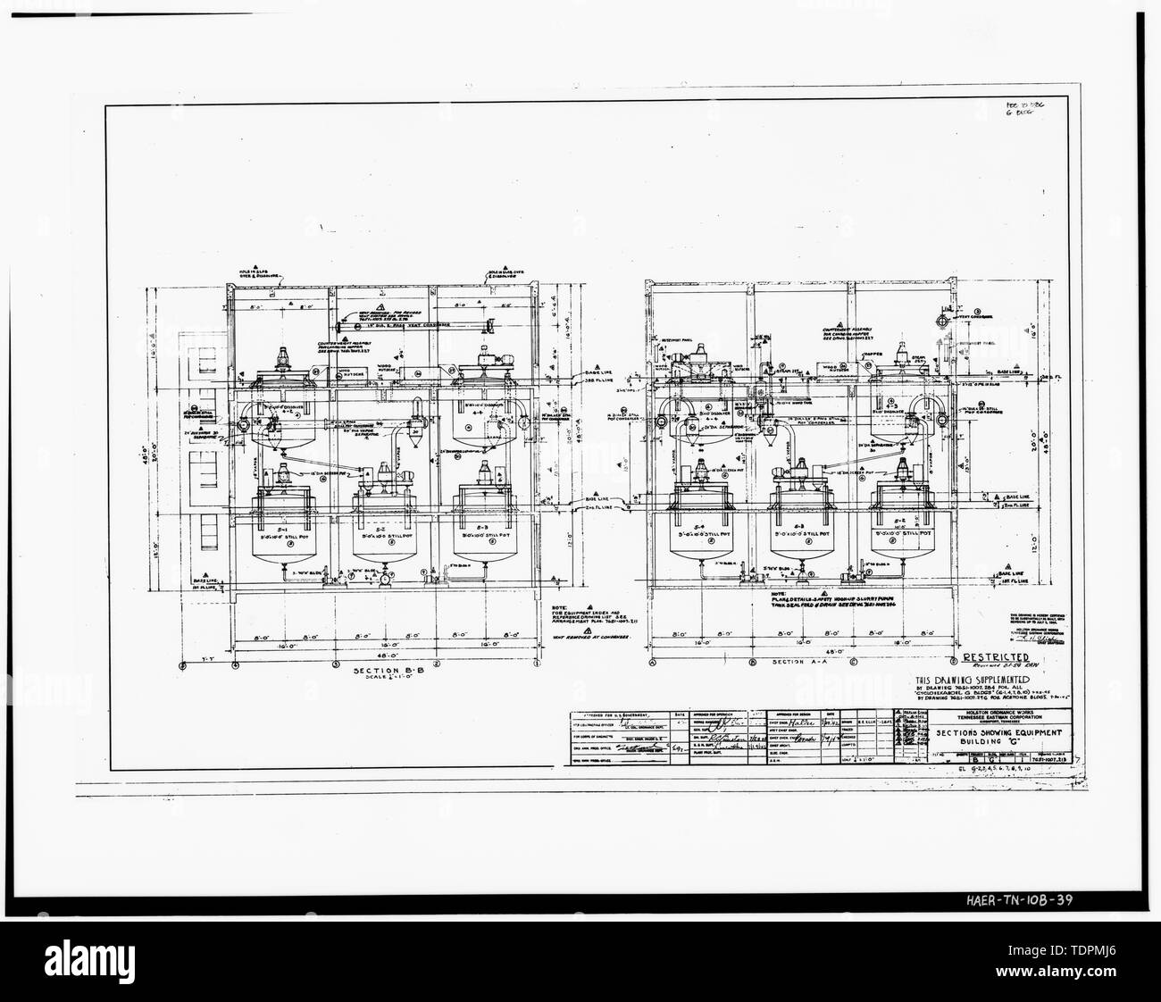 Photograph of a line drawing. 'SECTIONS SHOWING EQUIPMENT, BUILDING 'G'. Holston Ordnance Works, Tennessee Eastman Corporation. July 25, 1942. Delineator- E. E. Ellis. Drawing - 7651-1007-213. - Holston Army Ammunition Plant, RDX-and-Composition-B Manufacturing Line 9, Kingsport, Sullivan County, TN; Bachmann                              , Werner E; Tennessee Eastman Corporation; U.S. Department of the Army; National Defense Research Committee; Fraser-Brace Company; Charles T. Main Incorporated; U.S. Army Corps of Engineers; Holston Defense Corporation; Tompkins, Sally Kress, program manager;  Stock Photo