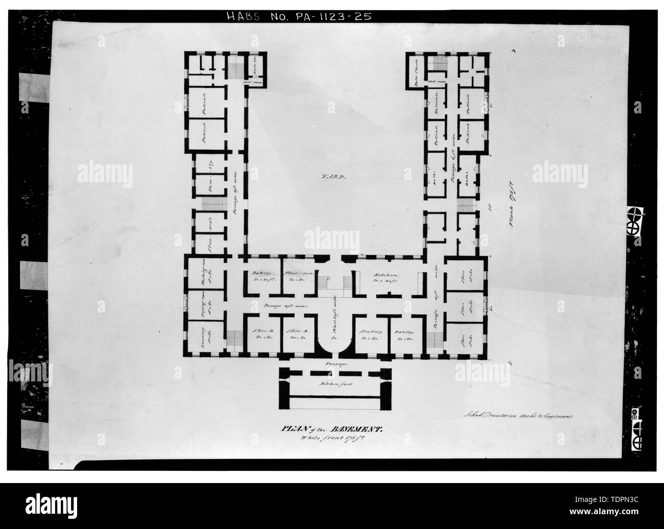 Photograph of architectural competition drawing; original in the possession of the Pennsylvania Hospital. John C. Trautwine, architect and engineer, (circa December 1833). PLAN OF THE BASEMENT - Pennsylvania Hospital, Eighth and Ninth, Pine and Spruce Streets, Philadelphia, Philadelphia County, PA Stock Photo