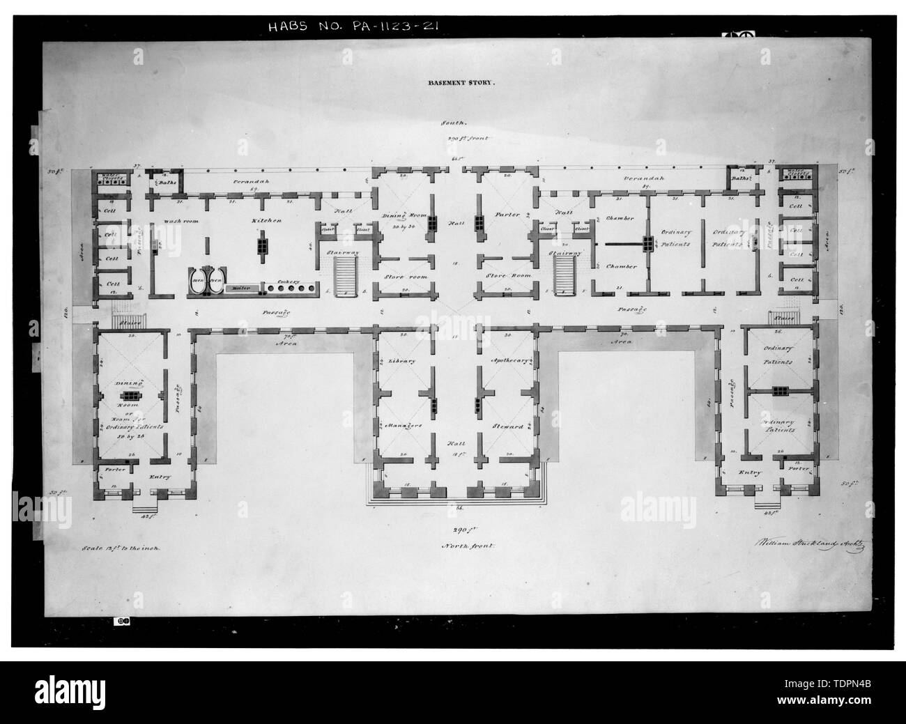 Photograph of architectural competition drawing; original in the possession of the Pennsylvania Hospital. William Strickland, architect, (circa December 1833). BASEMENT STORY - Pennsylvania Hospital, Eighth and Ninth, Pine and Spruce Streets, Philadelphia, Philadelphia County, PA Stock Photo