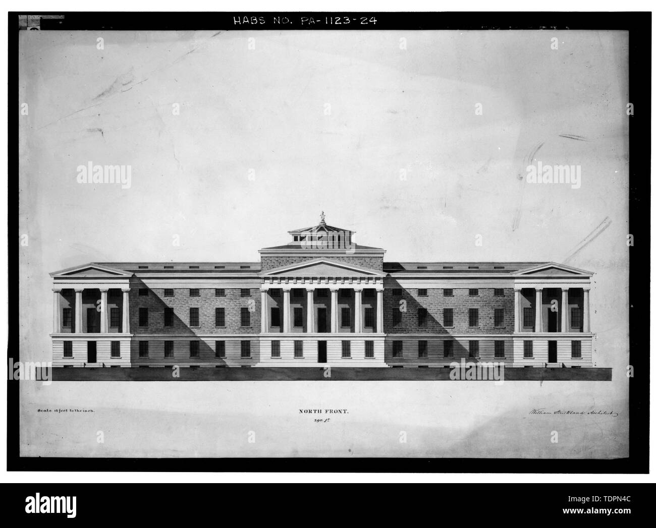 Photograph of architectural competition drawing; original in the possession of the Pennsylvania Hospital. William Strickland, architect, (circa December 1833). NORTH FRONT - Pennsylvania Hospital, Eighth and Ninth, Pine and Spruce Streets, Philadelphia, Philadelphia County, PA Stock Photo