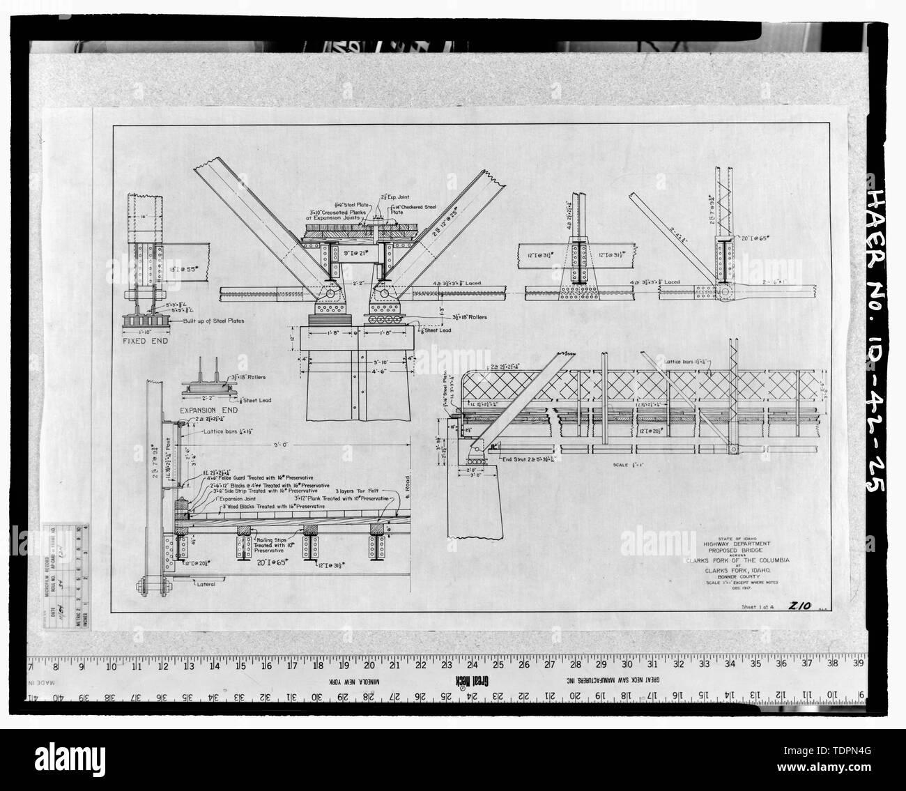 Photograph of bridge plans titled State of Idaho Highway Department, proposed bridge across Clarks Fork of the Columbia at Clark Fork, Idaho, Bonner County December 1917 Sheet 1 of 4 - Clark Fork Vehicle Bridge, Spanning Clark Fork River, serves Highway 200, Clark Fork, Bonner County, ID Stock Photo