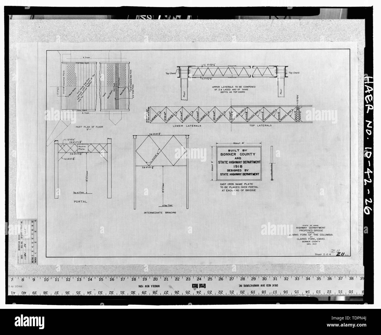 Photograph of bridge plans titled State of Idaho Highway Department, proposed bridge across Clarks Fork of the Columbia at Clark Fork, Idaho, Bonner County December 1917 Sheet 2 of 4 - Clark Fork Vehicle Bridge, Spanning Clark Fork River, serves Highway 200, Clark Fork, Bonner County, ID Stock Photo