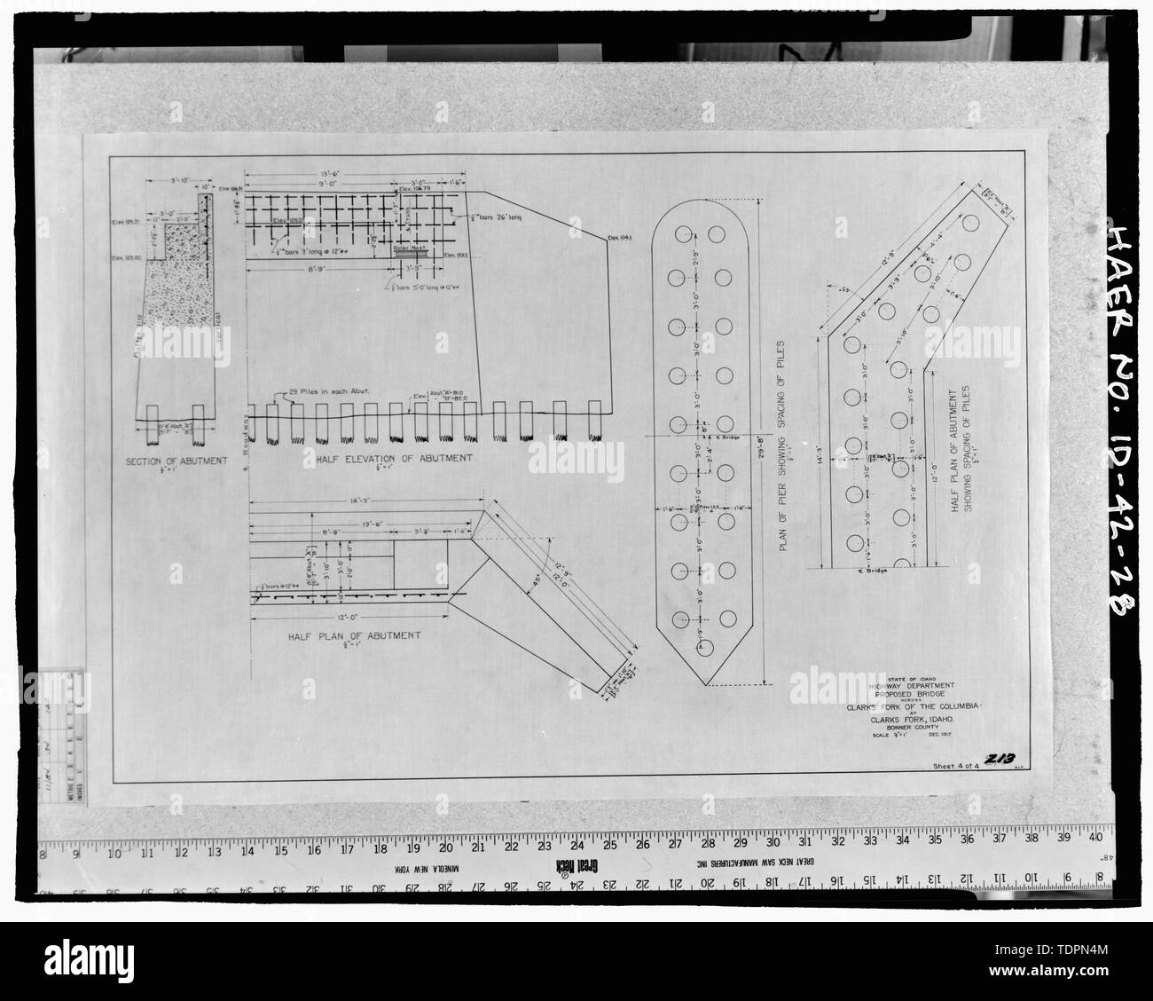 Photograph of bridge plans titled State of Idaho Highway Department, proposed bridge across Clarks Fork of the Columbia at Clark Fork, Idaho, Bonner County December 1917 Sheet 4 of 4 - Clark Fork Vehicle Bridge, Spanning Clark Fork River, serves Highway 200, Clark Fork, Bonner County, ID Stock Photo
