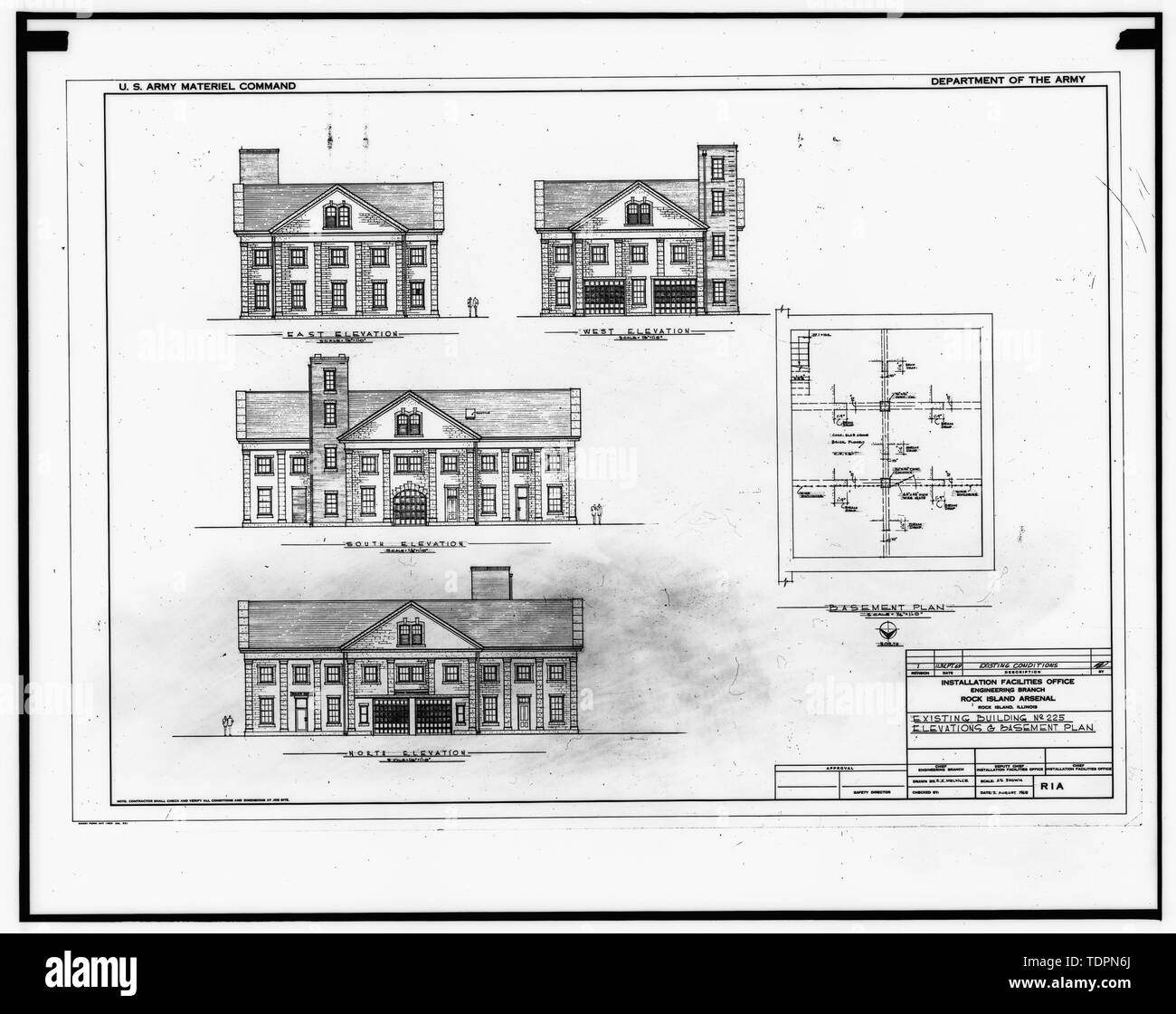 Photograph of line drawing in possession of Engineering Plans and Services Division, Rock Island Arsenal. ELEVATIONS AND BASEMENT PLAN, 1969. - Rock Island Arsenal, Building No. 225, Rodman Avenue between Flagler Street and Gillespie Avenue, Rock Island, Rock Island County, IL Stock Photo
