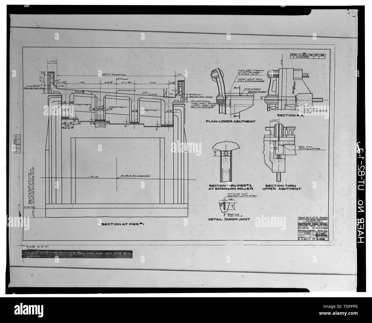 Photographic copy of original construction drawing, sheet no. 3 of 21, dated November 1, 1940, taken from a 11 x 17 print of a 2 x 2 negative in the possession of the Utah Department of Transportation, Salt Lake City, Utah. SECTION AT PIER -1, DETAILS, AND SECTIONS - Huntington Creek Bridge, Spanning Huntington Creek at State Route 10, Huntington, Emery County, UT; Smith Balle Hyatt Architects, contractor; Wegman-French, Lysa, transmitter; Hyatt, Kim A, photographer; Christensen, James R, historian Stock Photo