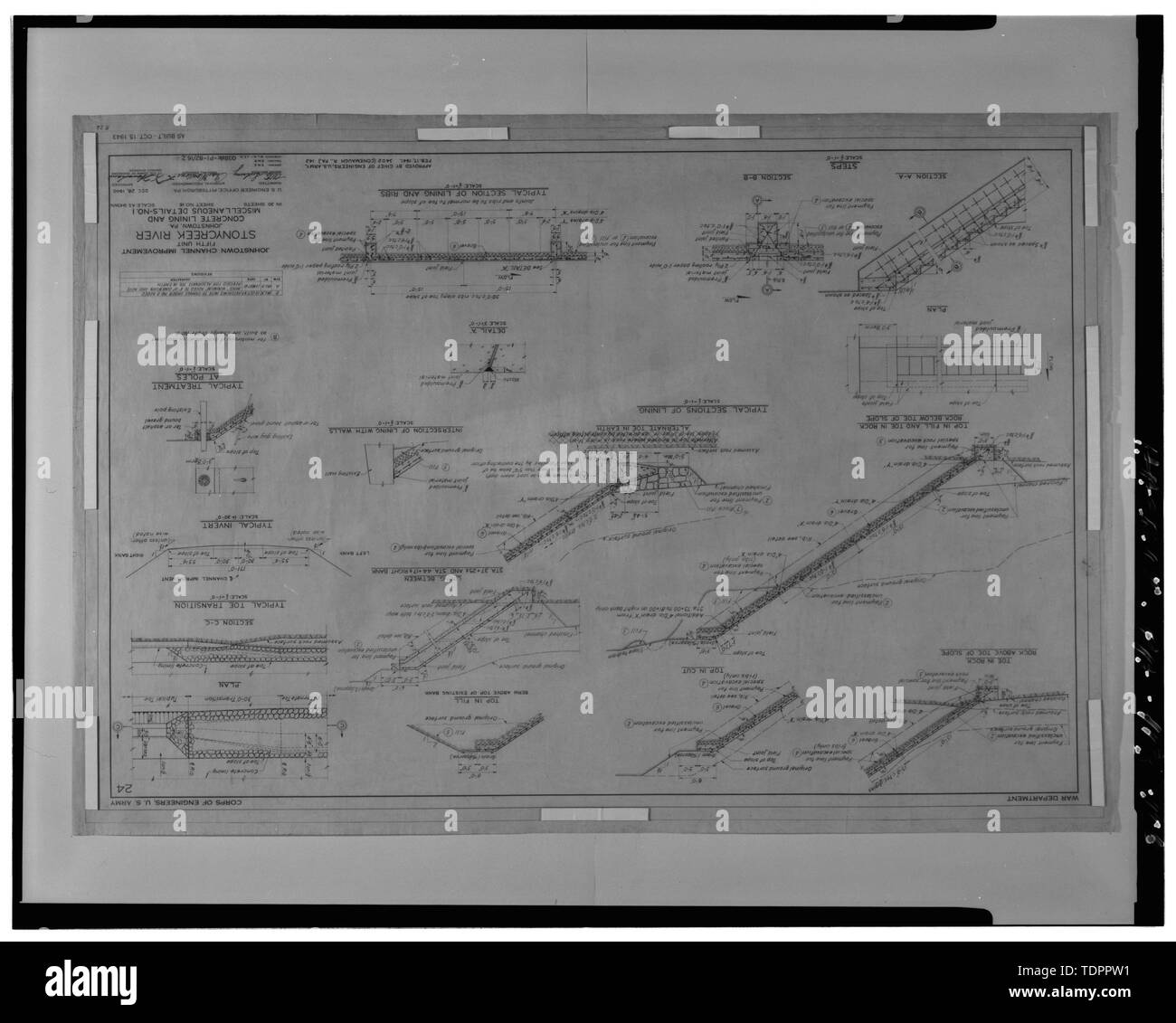 Photographic copy of original drawing, by Corps of Engineers, U.S. Army, December 28, 1940 (original in possession of Corps of Engineers, U.S. Army, Pittsburgh District, Engineering Division files) Unit 5, concrete lining and miscellaneous details -1 - Johnstown Local Flood Protection Project, Beginning on Conemaugh River approx 3.8 miles downstream from confluence of Little Conemaugh and Stony Creek Rivers at Johnstown, Johnstown, Cambria County, PA Stock Photo