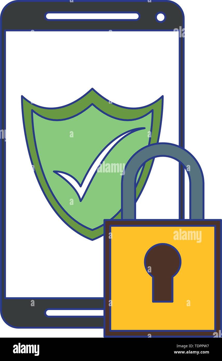 Smartphone security system padlock and shield blue lines Stock Vector ...